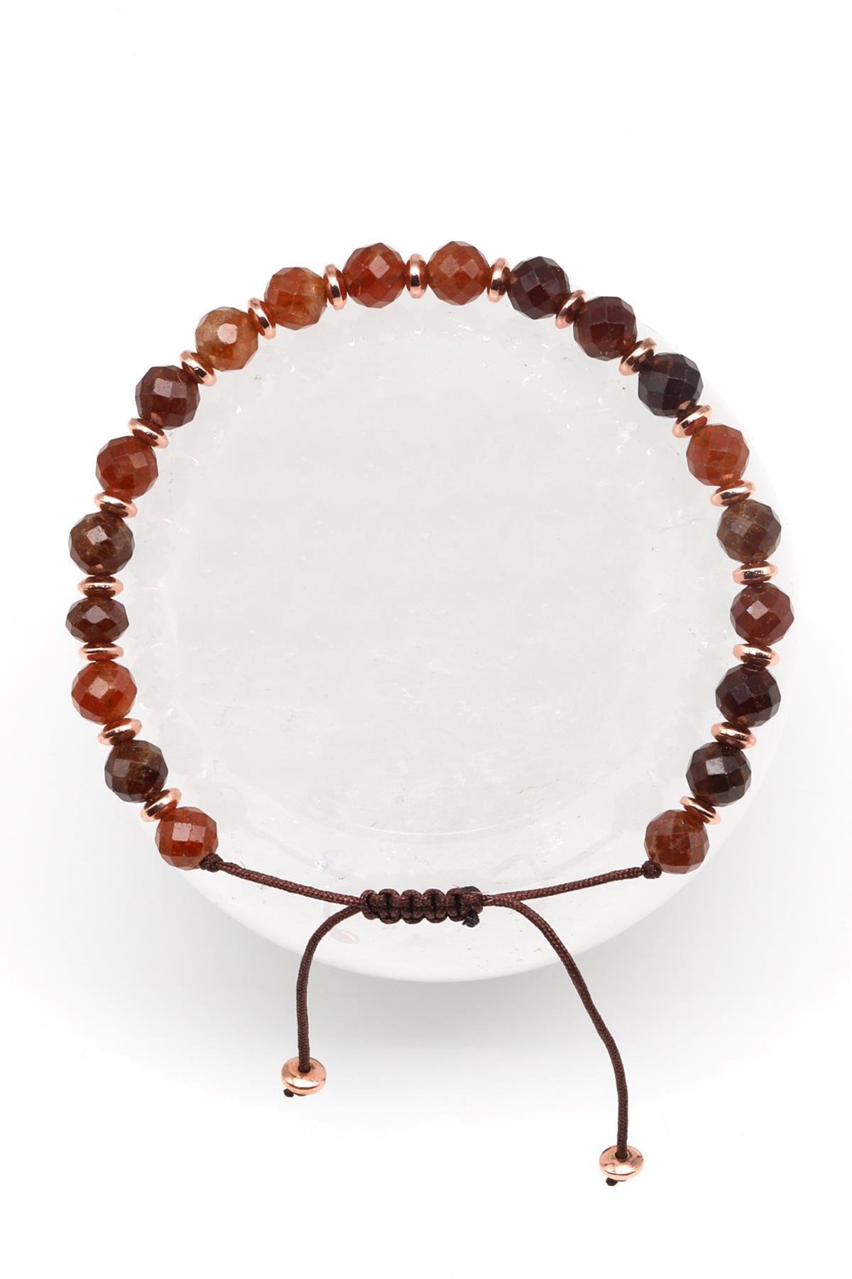 Garnet Doğal Taş Makrome Örme Bileklik Fasetli Küre Kesim