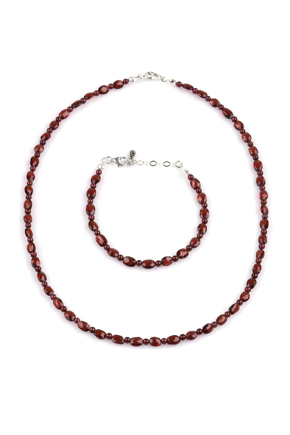Garnet-Lal Doğal Taş Kolye - Bileklik 2'li Set