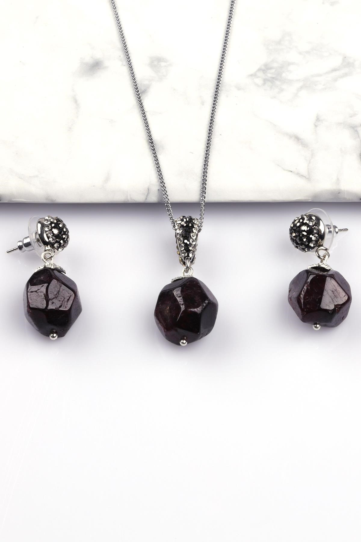 Garnet - Lal Doğal Taş Kolye - Küpe 2'li Set