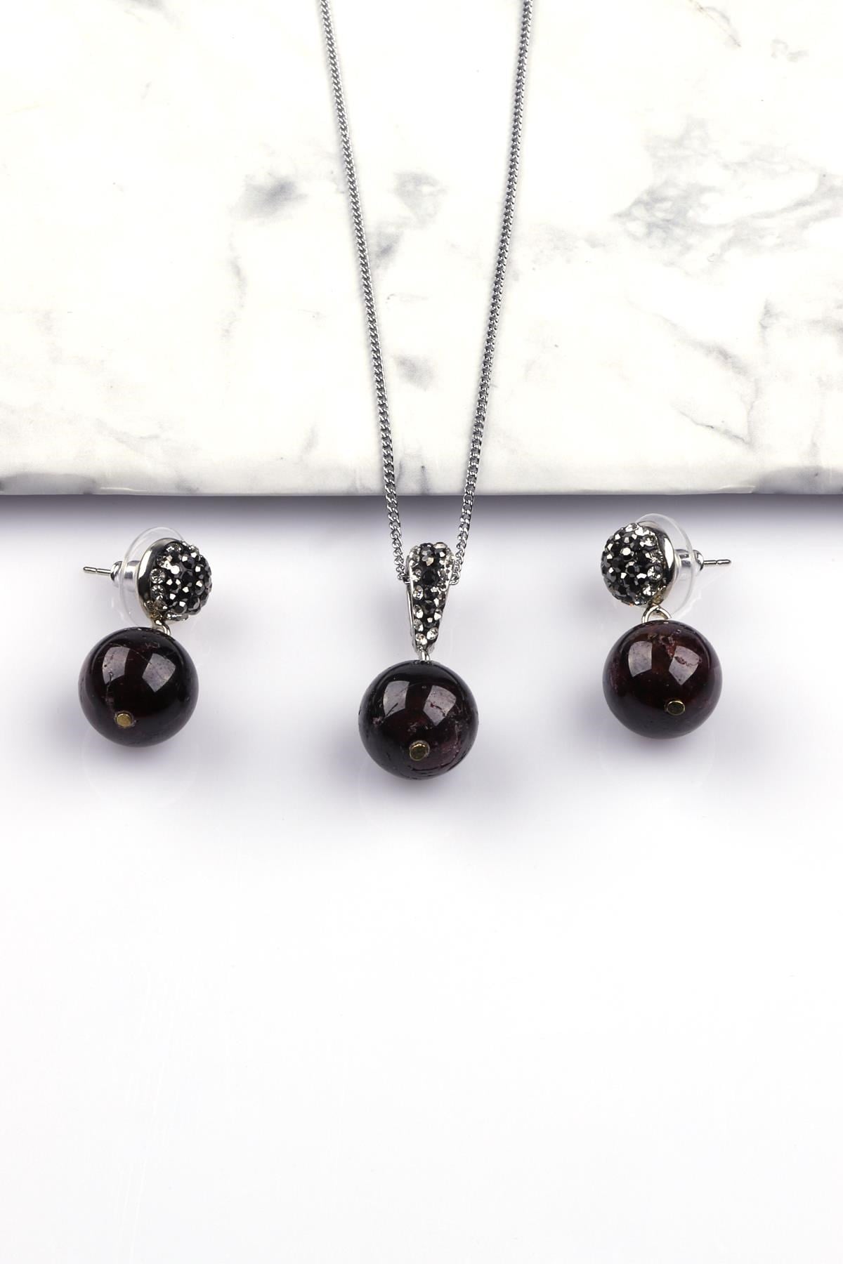 Garnet - Lal Doğal Taş Kolye - Küpe 2'li Set