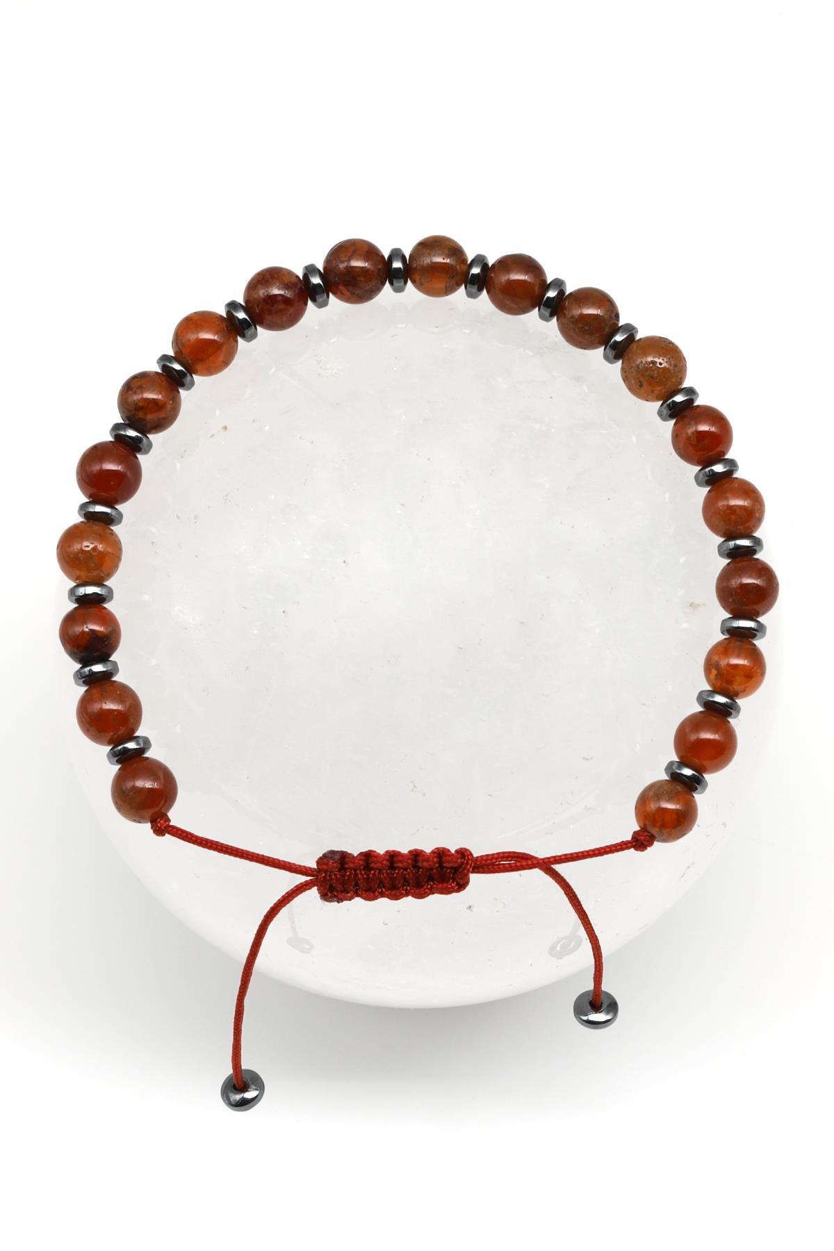 Garnet - Lal Doğal Taş Makrome Örme Bileklik Küre Kesim