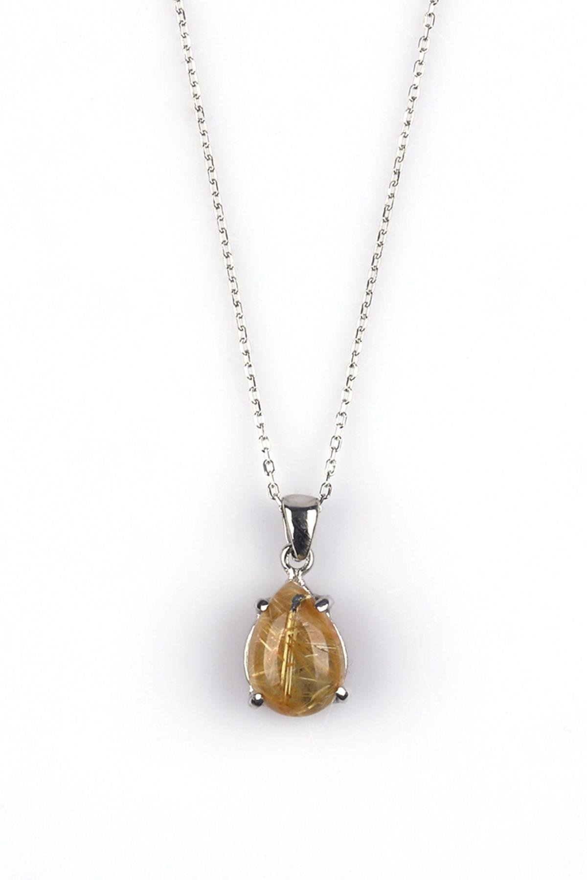 Golden Rutil Kuvars Doğal Taş 925 Ayar Gümüş Kolye