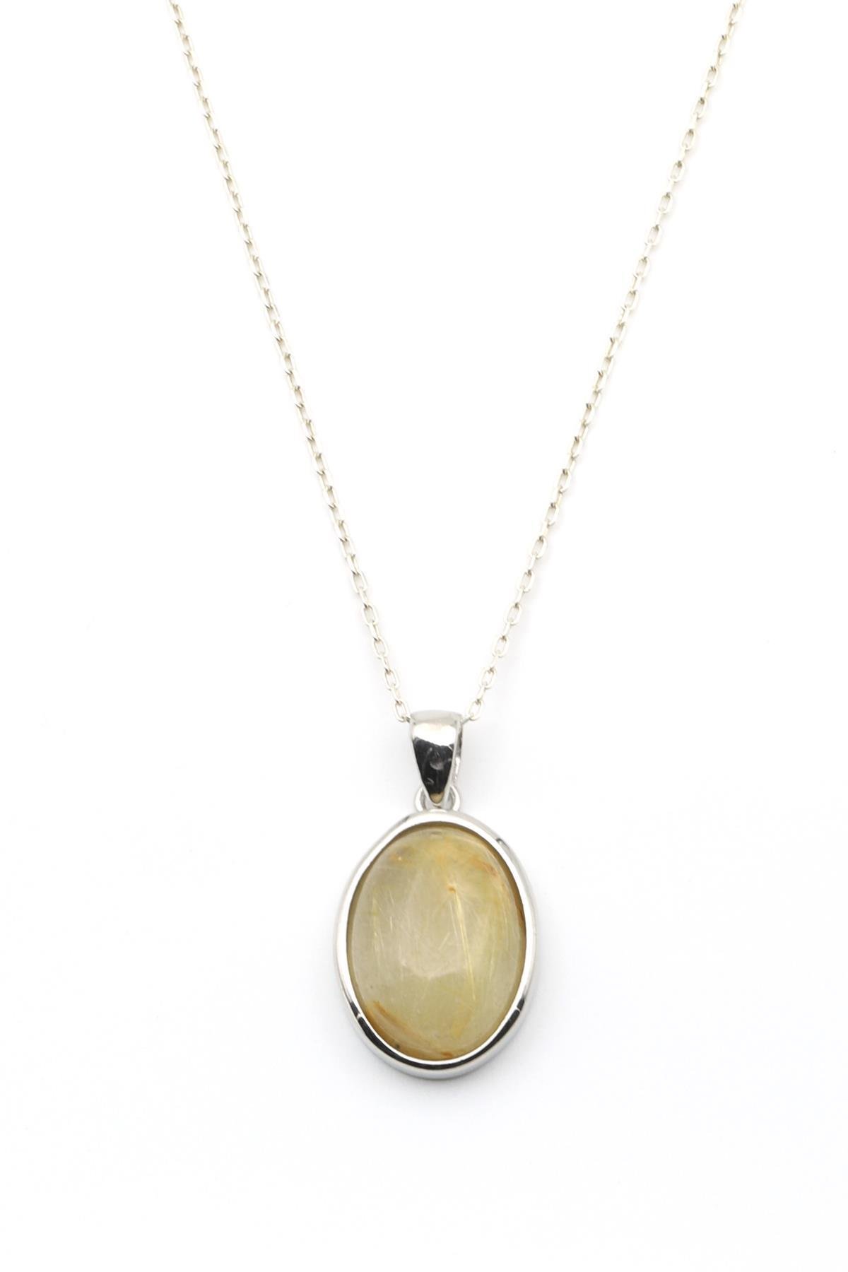 Golden Rutil Kuvars Doğal Taş 925 Ayar Gümüş Kolye