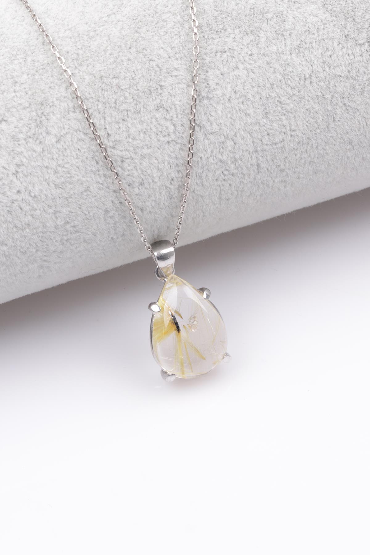 Golden Rutilli Kuvars Doğal Taş 925 Ayar Gümüş Kolye