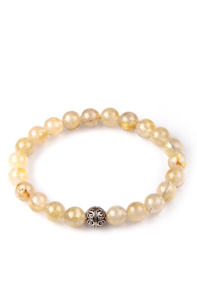 Golden Rutilli Kuvars Doğal Taş 925 Ayar Gümüş Aparatlı Bileklik 8 mm Küre Kesim