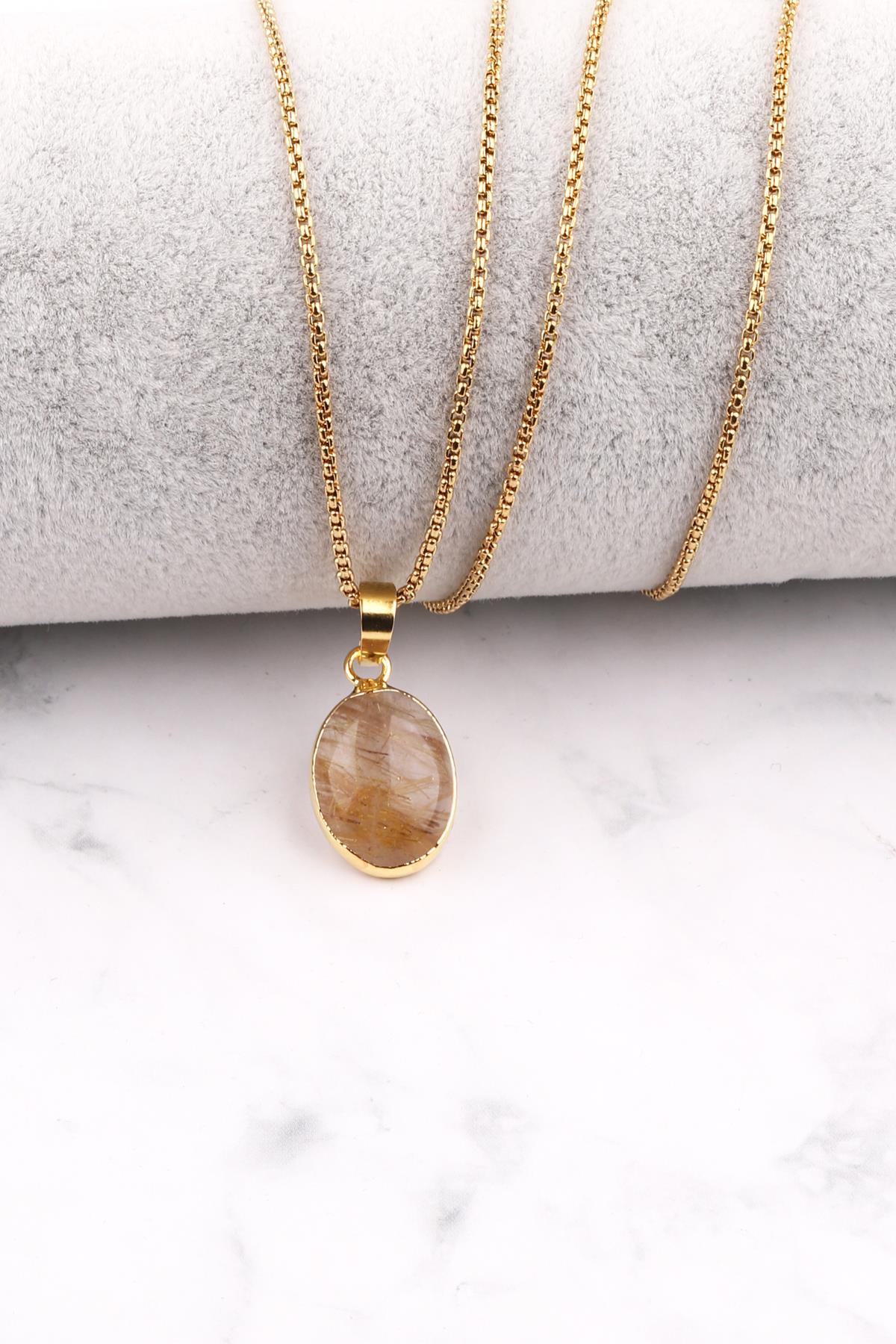Golden Rutilli Kuvars Doğal Taş Çelik Zincirli Kolye