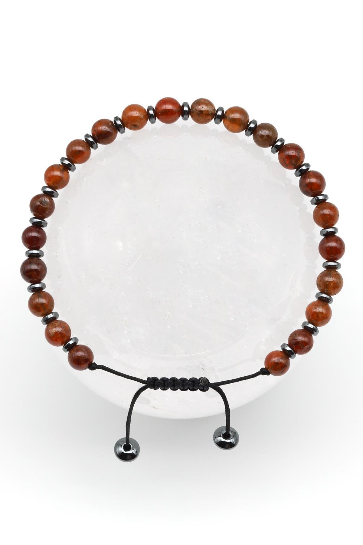 Granat-Lal Doğal Taş Makrome Örme Bileklik