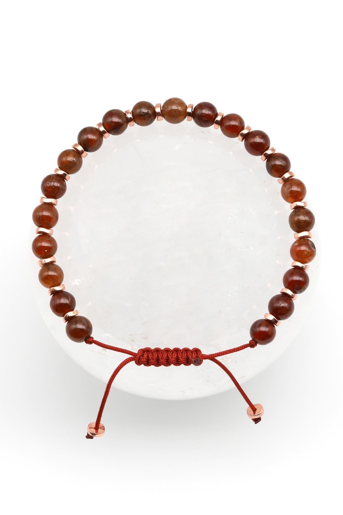 Granat - Lal Doğal Taş Makrome Örme Bileklik Küre Kesim