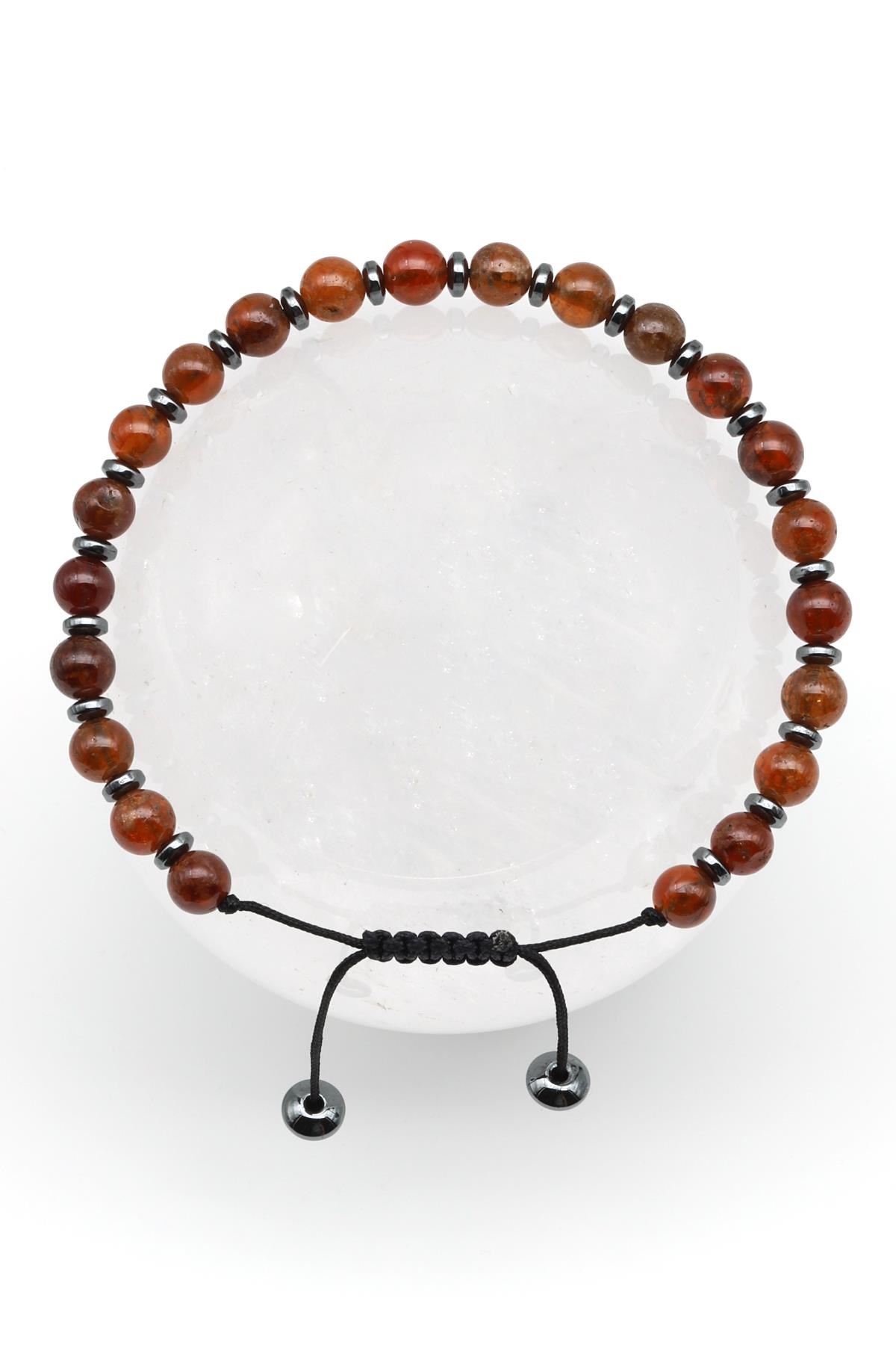 Granat-Lal Doğal Taş Makrome Örme Bileklik