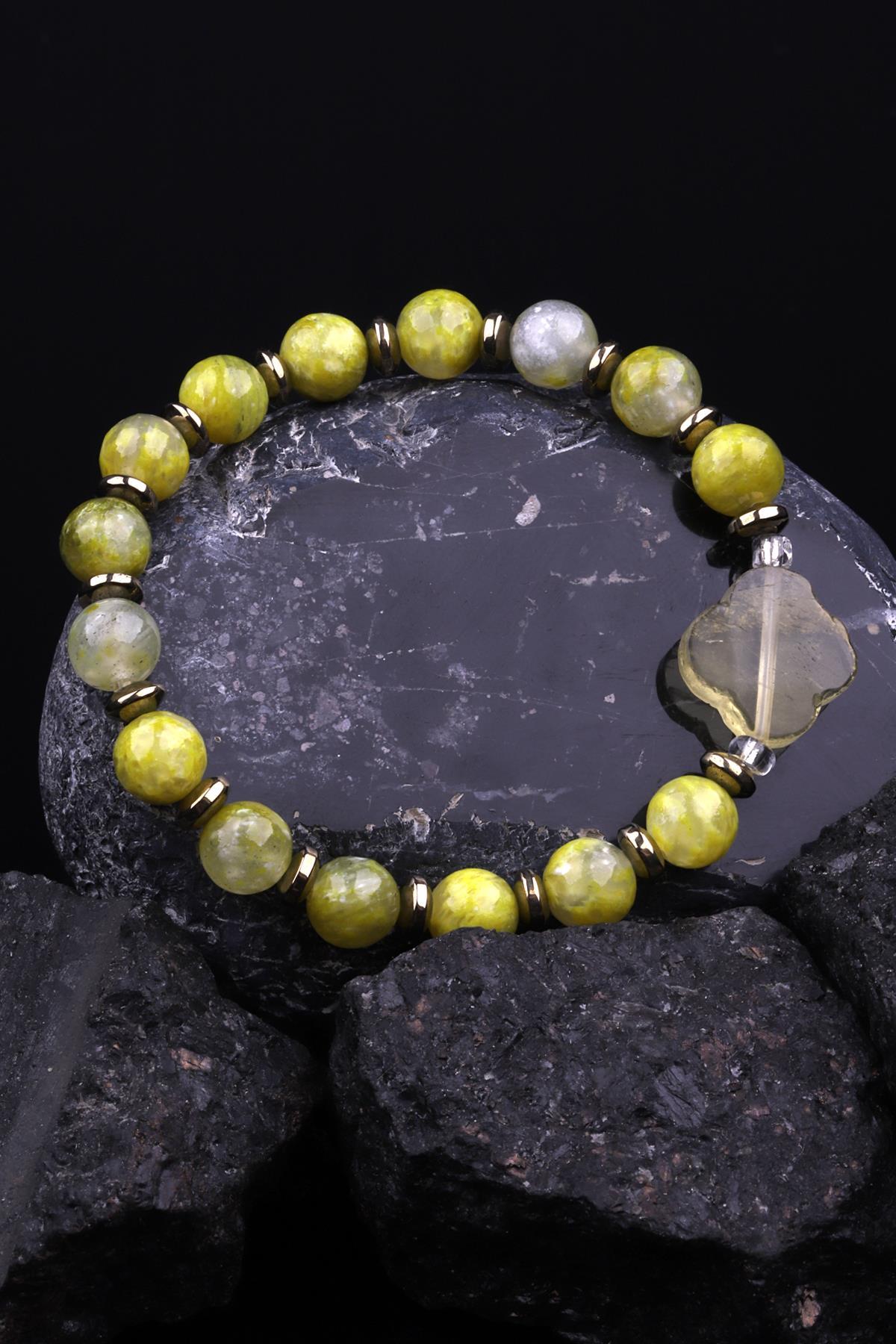 Green Kuvars - Hematit Doğal Taş Tasarım Bileklik 