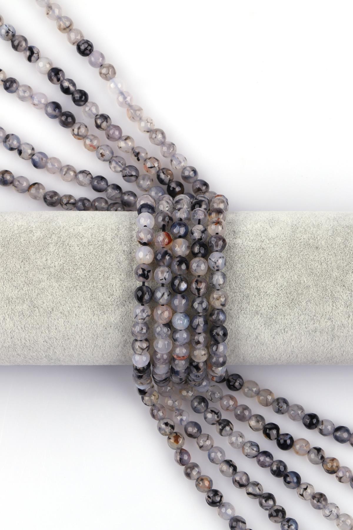 Gri Akik Doğal Taş Dizi 6 mm Fasetli Küre Kesim