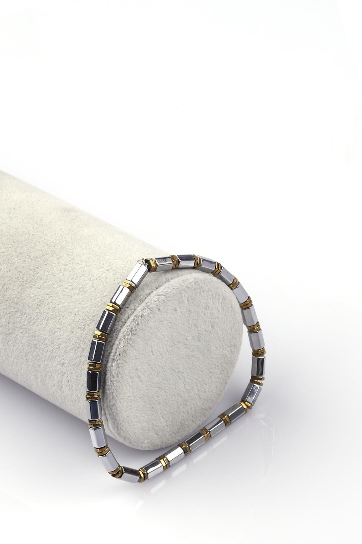 Gümüş Gri - Gold Renkli Hematit Doğal Taş Bileklik 5 x 3 mm Rondel Kesim