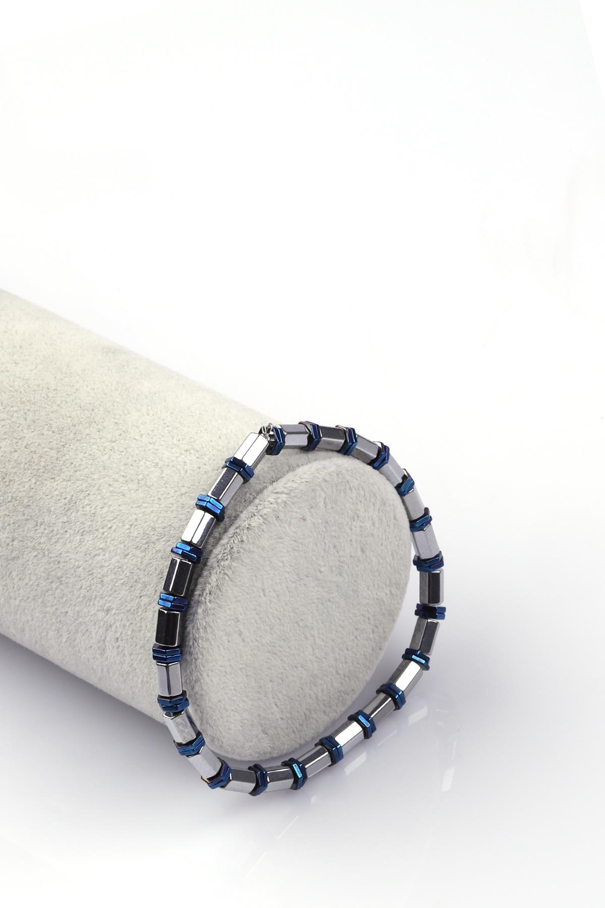 Gümüş Gri - Mavi Renkli Hematit Doğal Taş Bileklik 5 x 3 mm Rondel Kesim