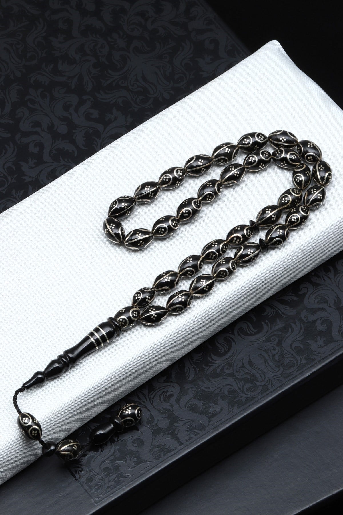 Gümüş İşlemeli Erzurum Oltu Tesbih 6 x 10 mm. Arpa Kesim - T-1916