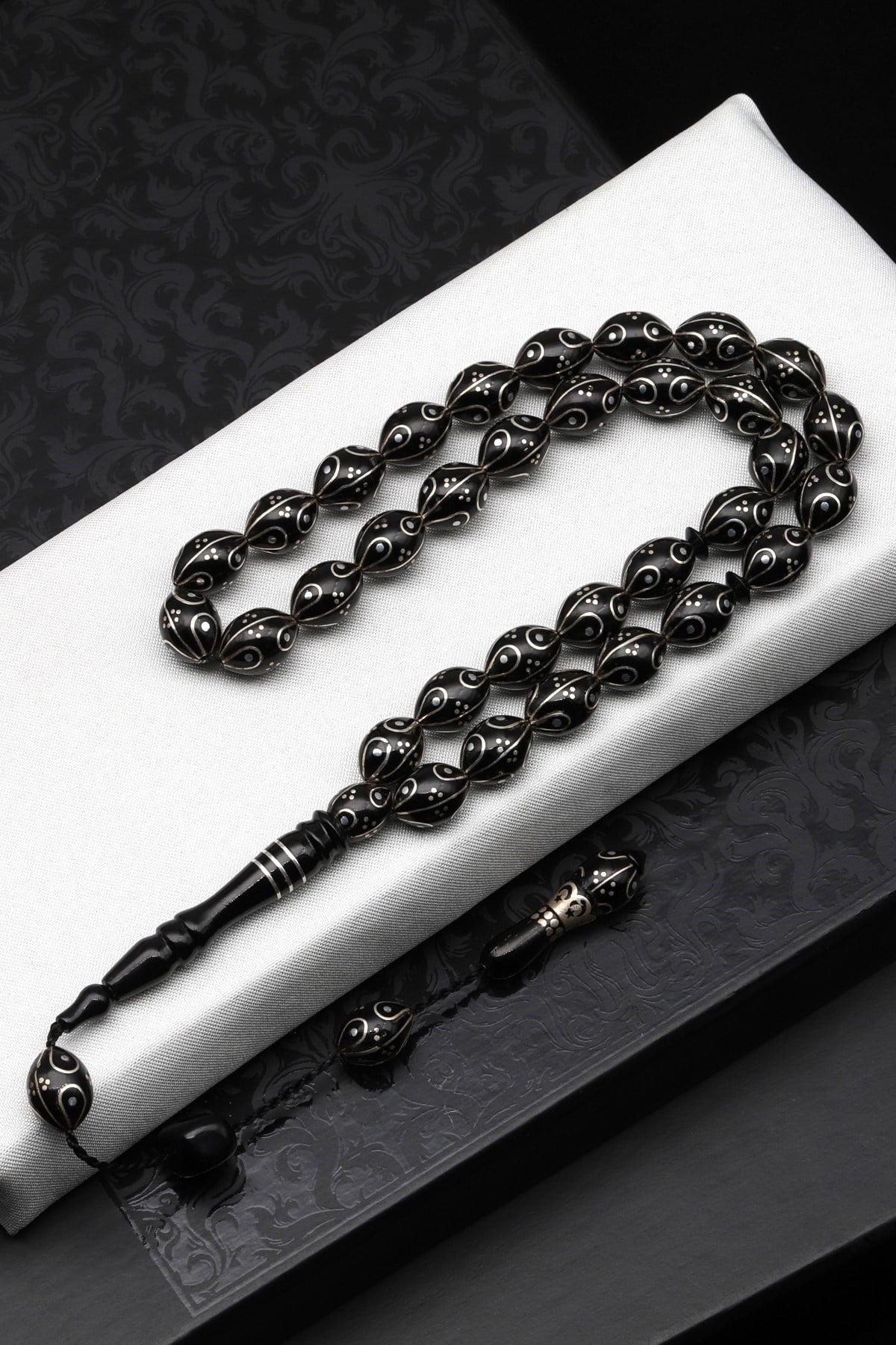 Gümüş İşlemeli Erzurum Oltu Tesbih 8 x 11 mm. Beyzi Kesim - T-1644