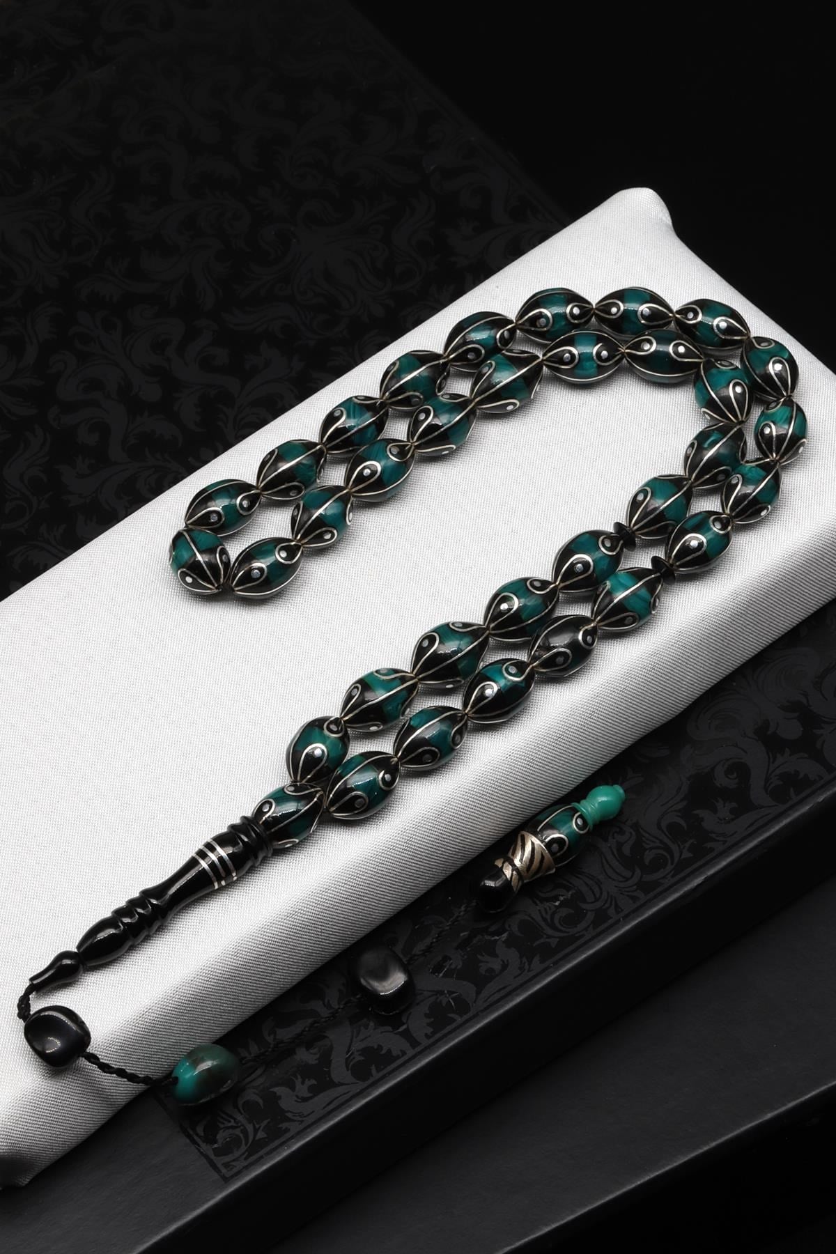 Gümüş İşlemeli Erzurum Oltu Tesbih 8 x 12 mm. Arpa Kesim