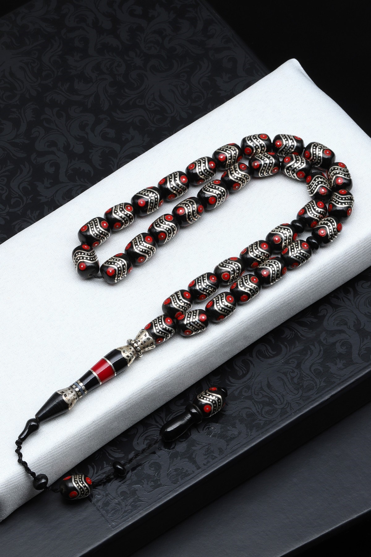 Gümüş İşlemeli Erzurum Oltu Tesbih 8 x 10 mm. Kapsül Kesim - T-1915