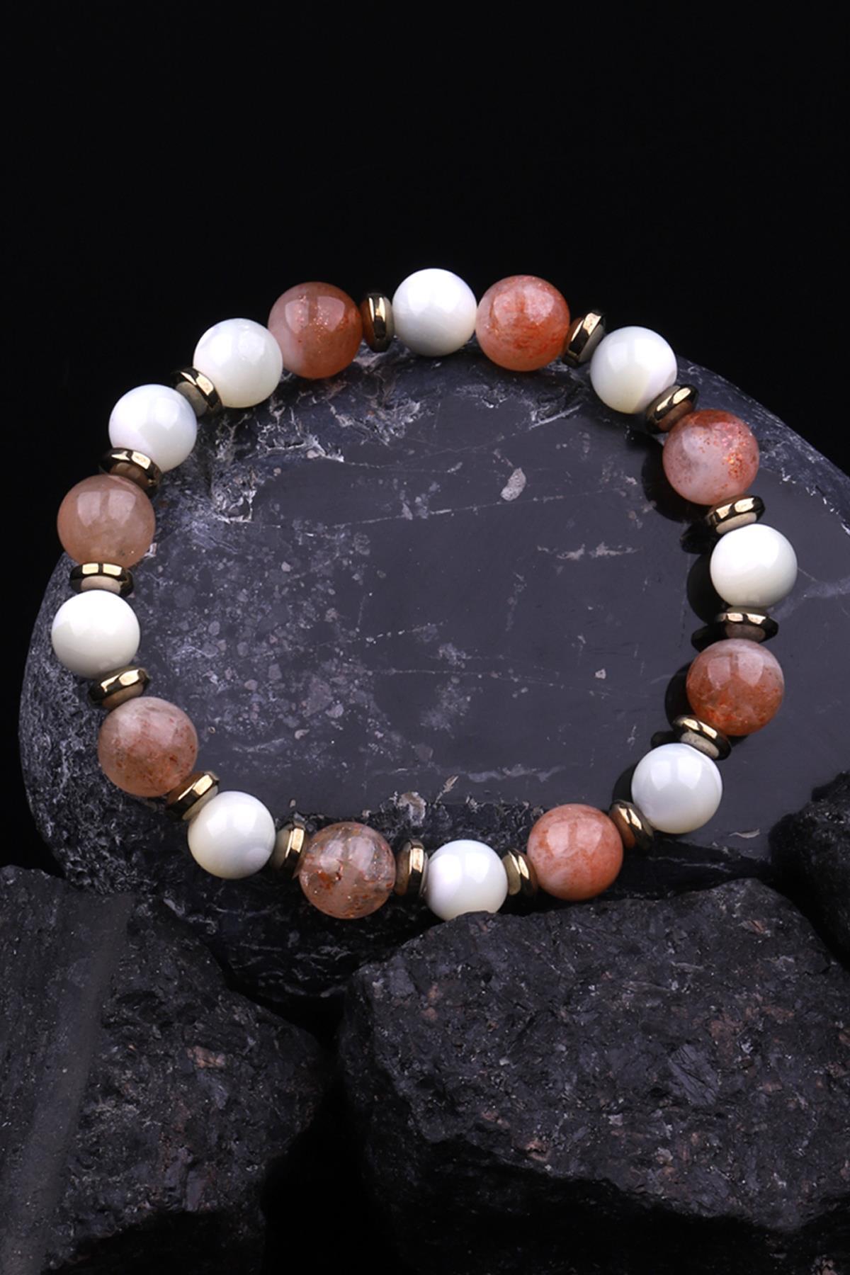 Güneş Taşı - Sedef - Hematit Doğal Taş Tasarım Bileklik 