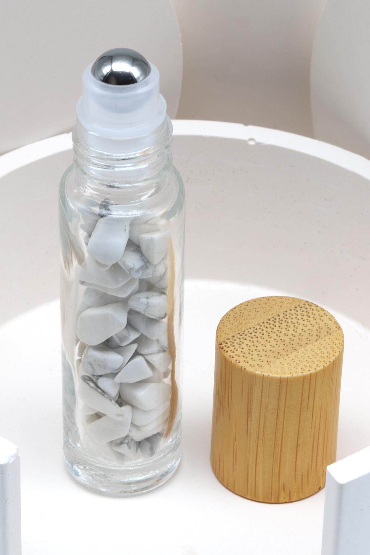 Havlit Doğal Taşlı Bambu Kapaklı Doldurulabilir Esans ve Yağ Şişesi - Hematit Uçlu