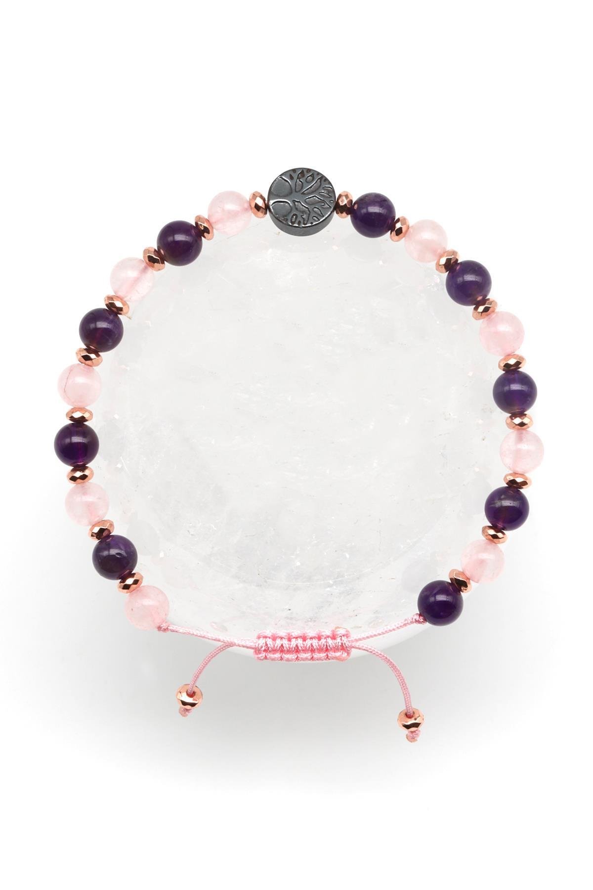 Hayat Ağaçlı Ametist - Pembe Kuvars Doğal Taş Makrome Örme Bileklik Küre Kesim