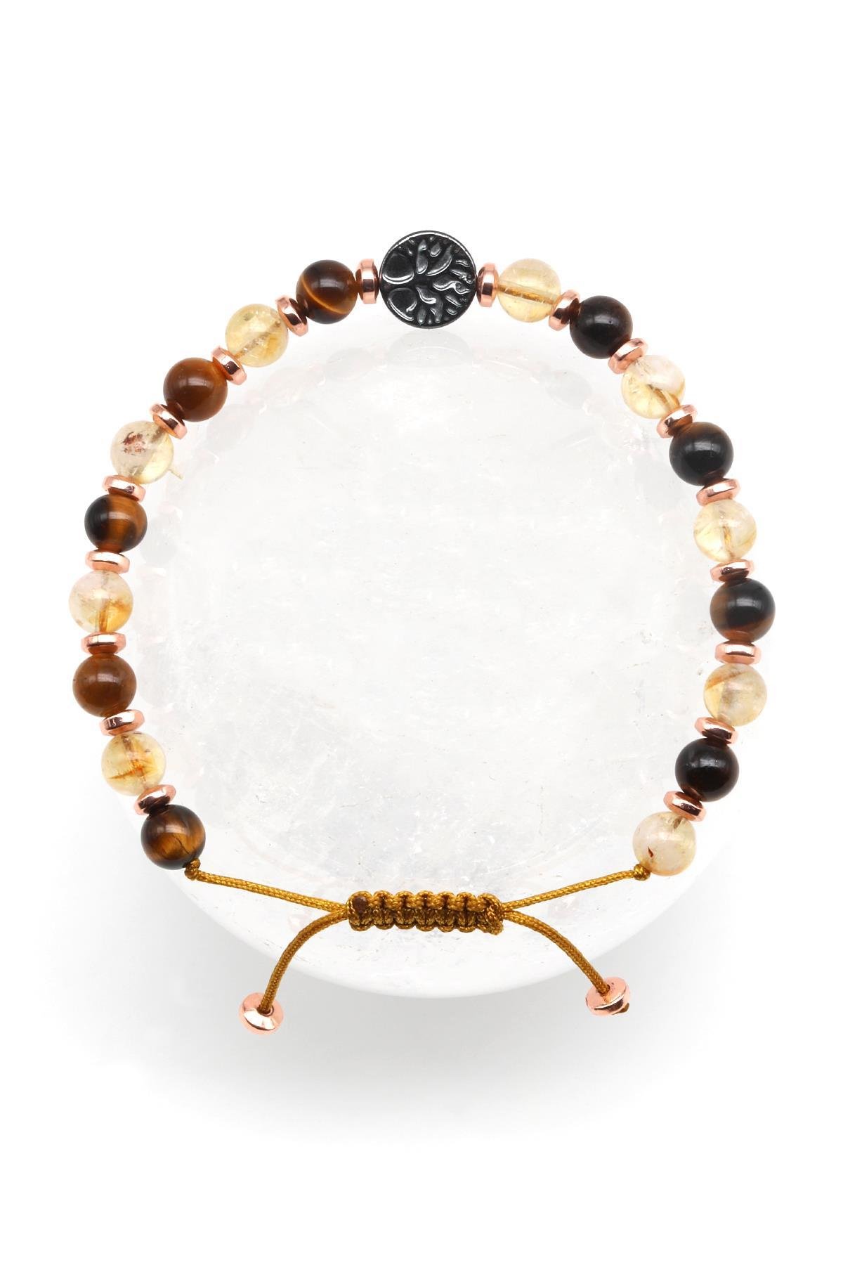 Hayat Ağaçlı Sitrin - Kaplan Gözü Doğal Taş Makrome Örme Bileklik Küre Kesim