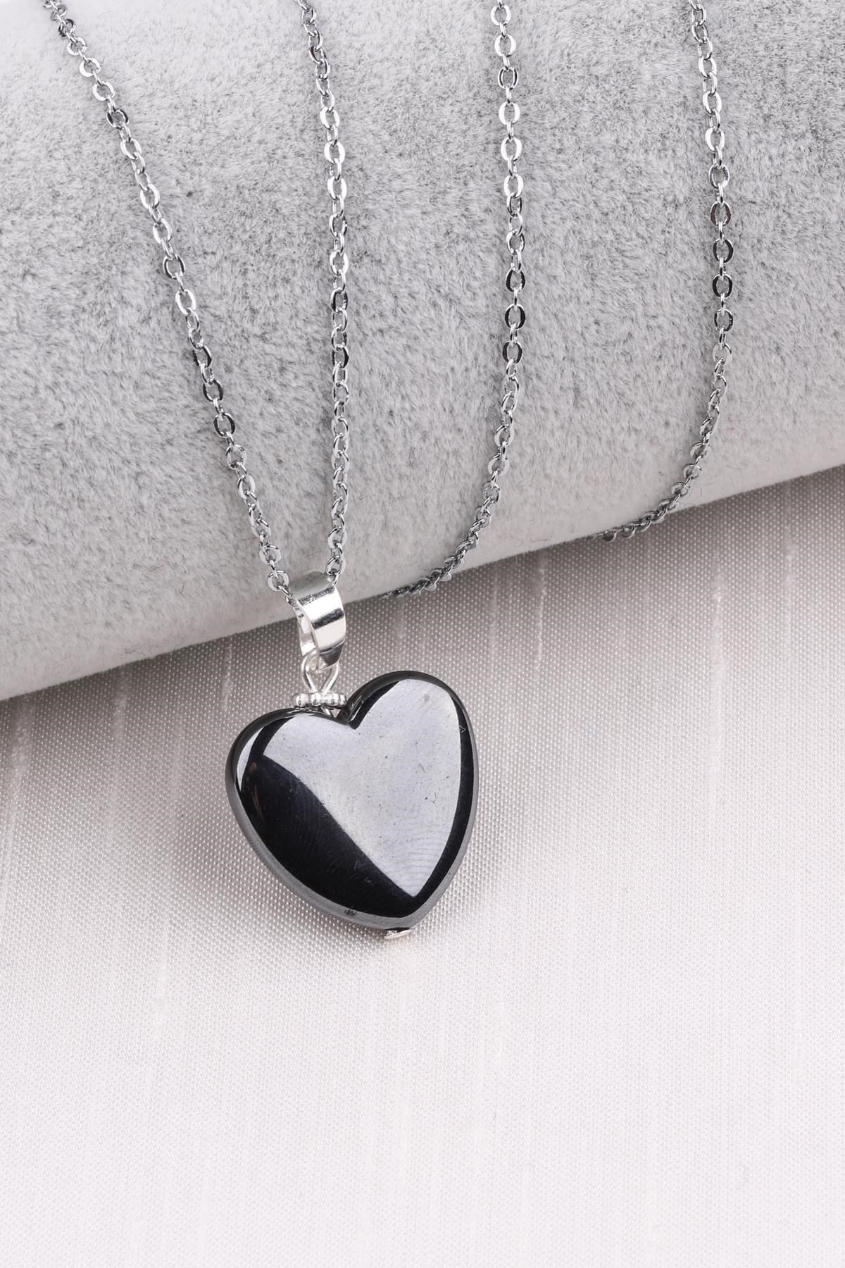 Hematit Doğal Taş Kalp Kolye