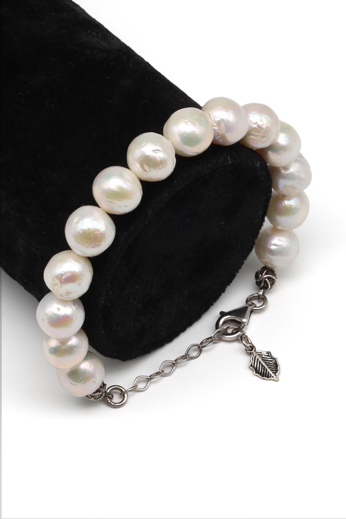 İnci Doğal Taş 925 Ayar Gümüş Bileklik 10 mm Küre Kesim