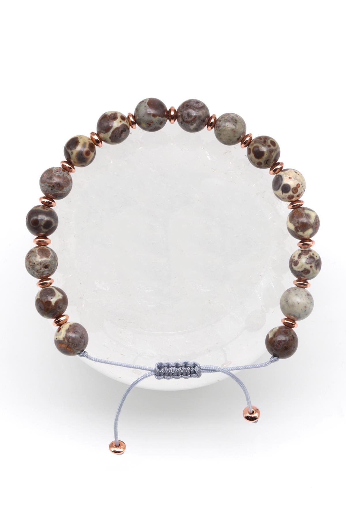 Jasper Doğal Taş Makrome Örme Bileklik Küre Kesim