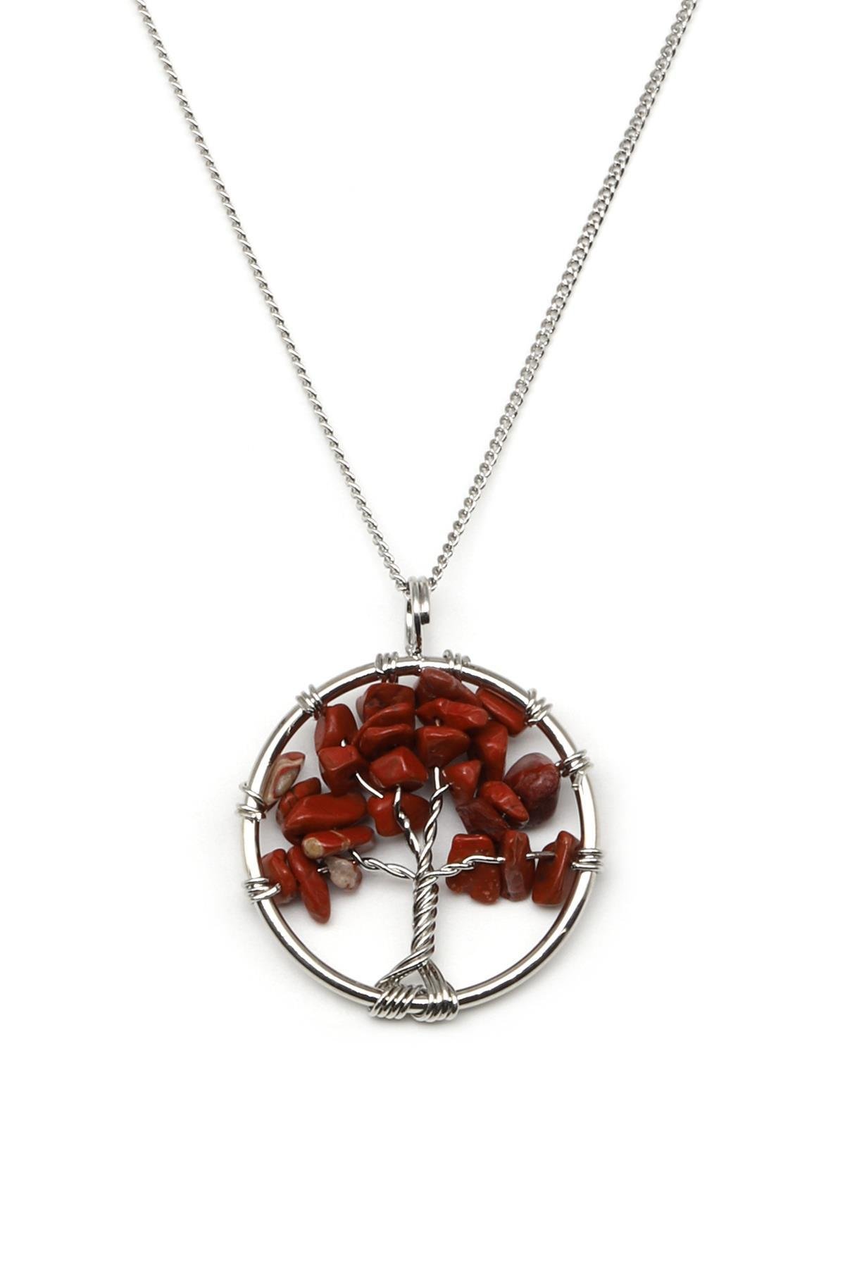 Jasper Doğal Taş Tel Sarmalı Hayat Ağacı Kolye