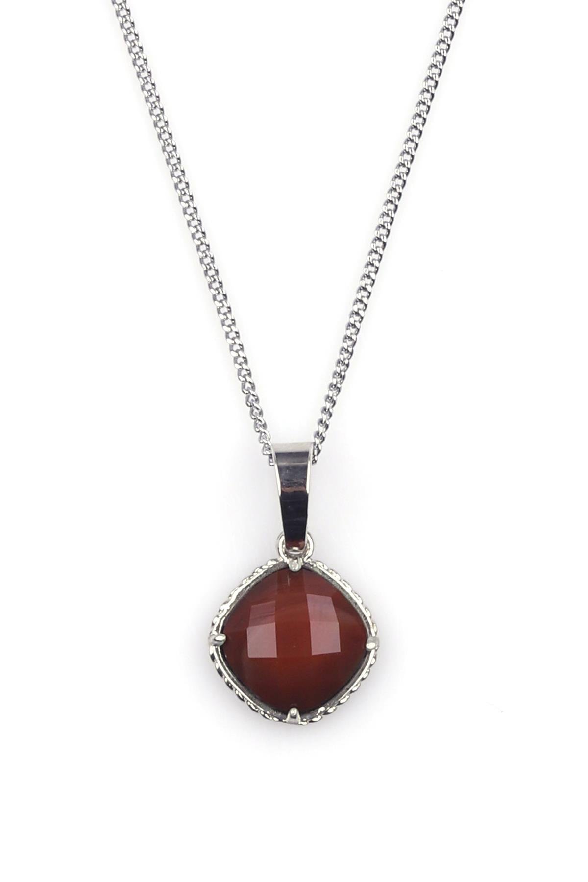 Kahverengi Akik Doğal Taş Gümüş Renkli Kolye