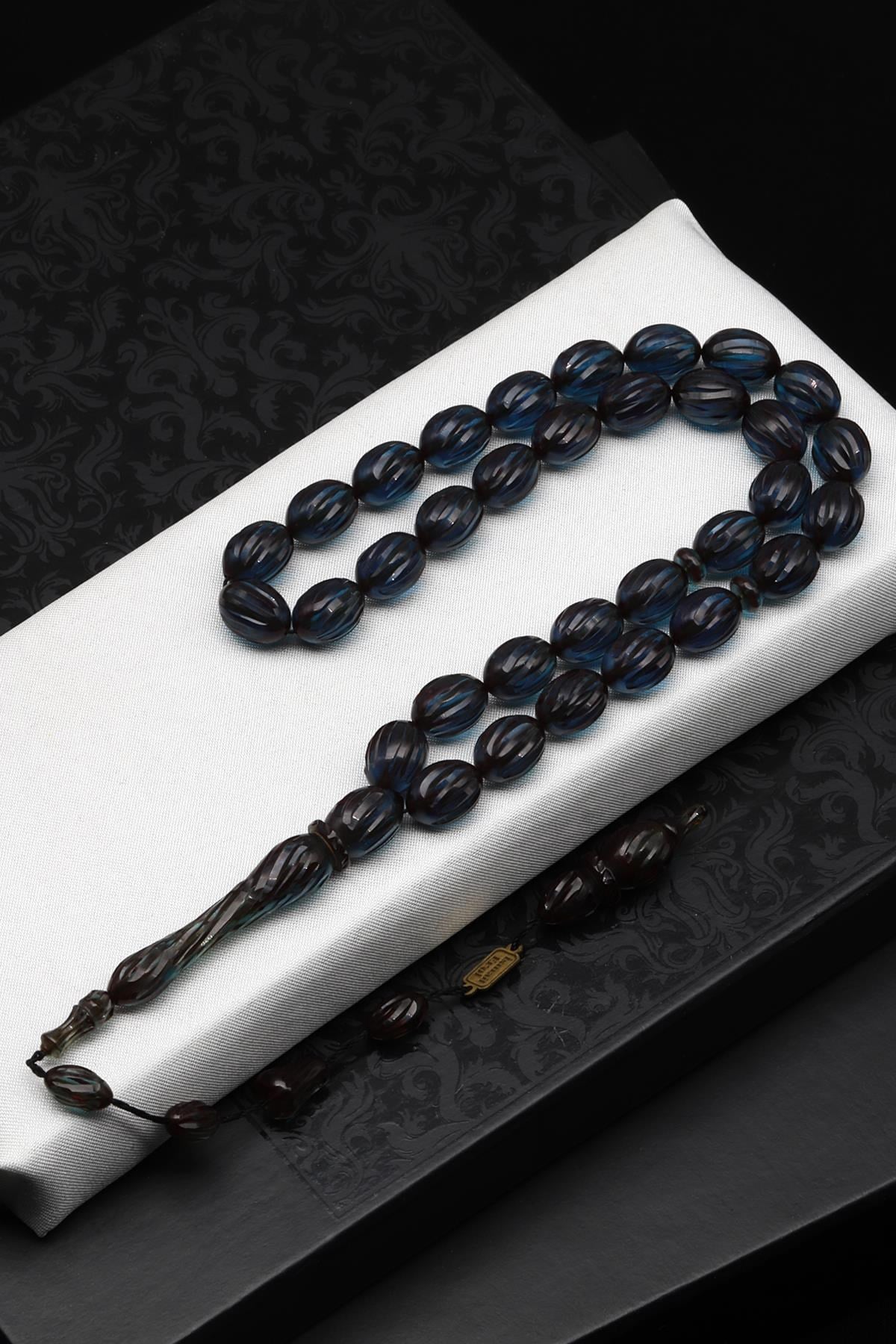 Kalem Oyma İşçilikli Mavi Sıkma Tesbih 8 x 12 mm Beyzi Kesim