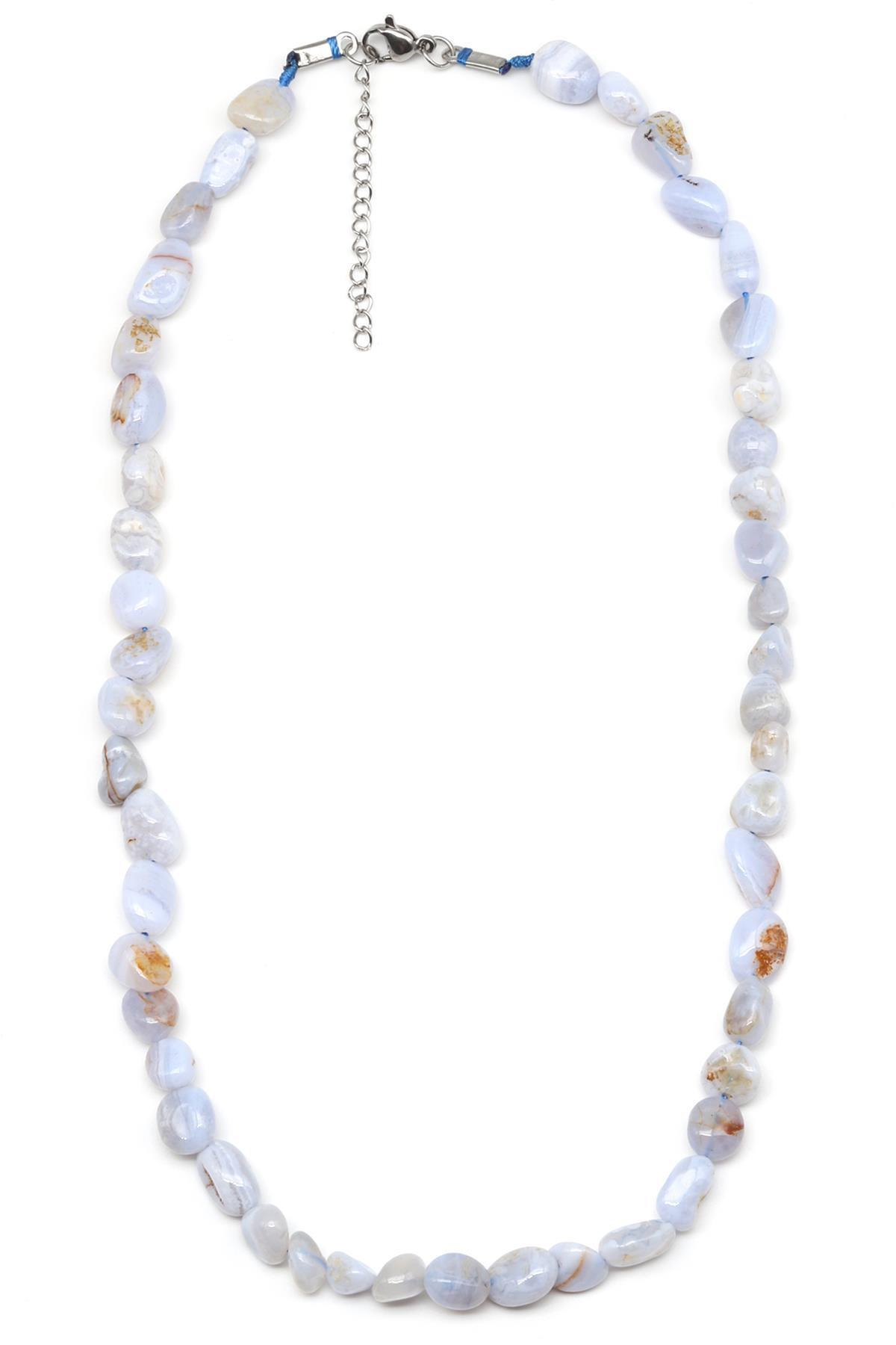 Kalsedon ( Çelik Klipsli ) Doğal Taş Kolye Mercimek Kesim