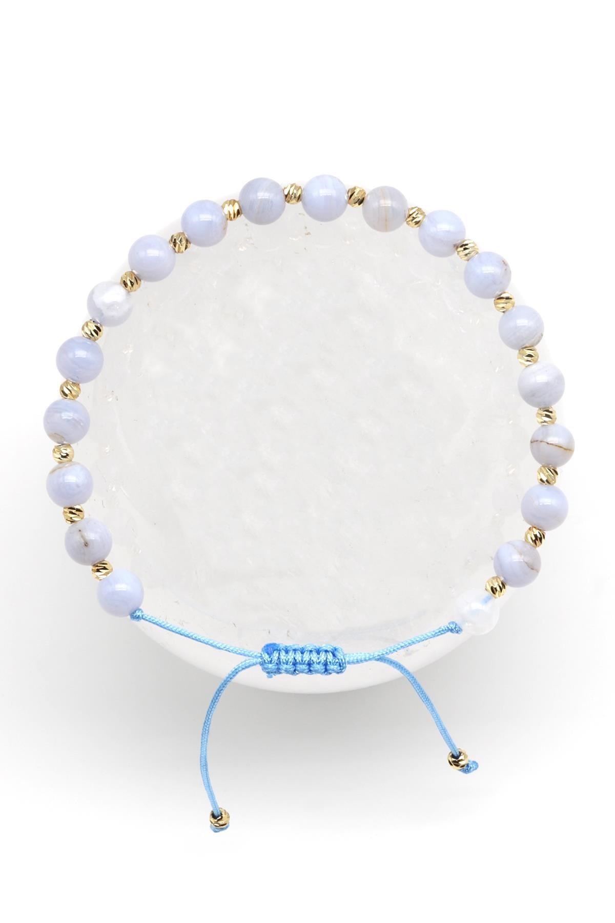 Kalsedon Doğal Taş Makrome Örme Bileklik Küre Kesim