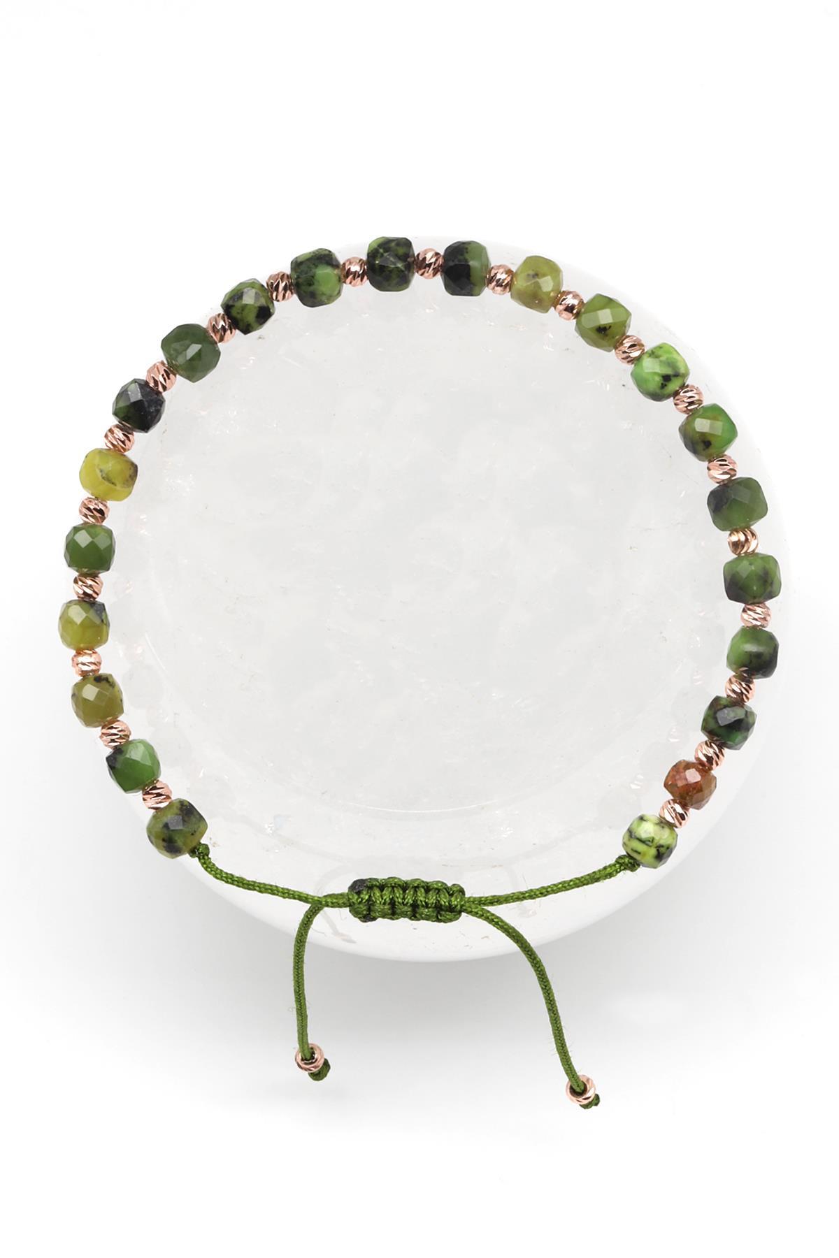 Kanada Yeşim Doğal Taş Makrome Örme Bileklik Fasetli Küp Kesim