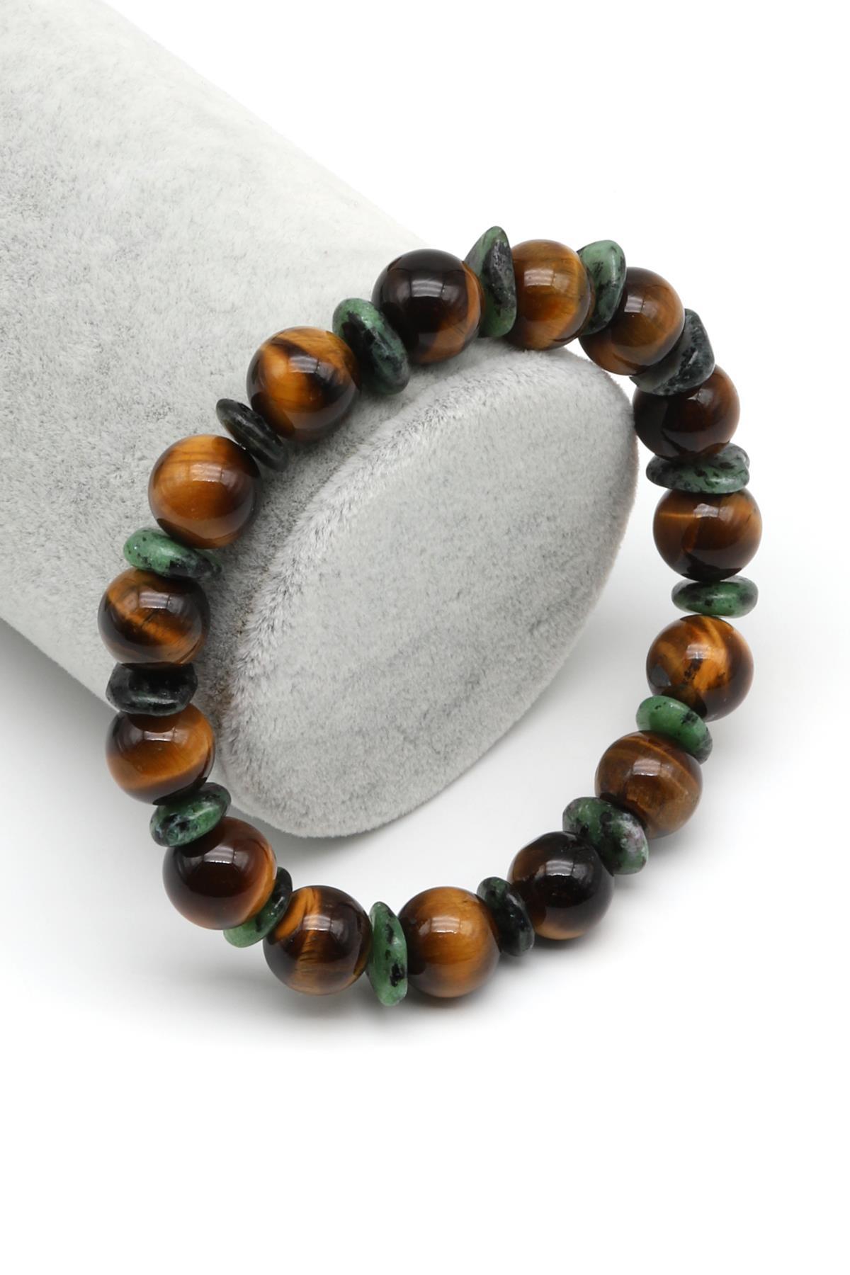 Kaplan Gözü-Anyolit Doğal Taş Tasarım Bileklik 10 mm Küre Kesim