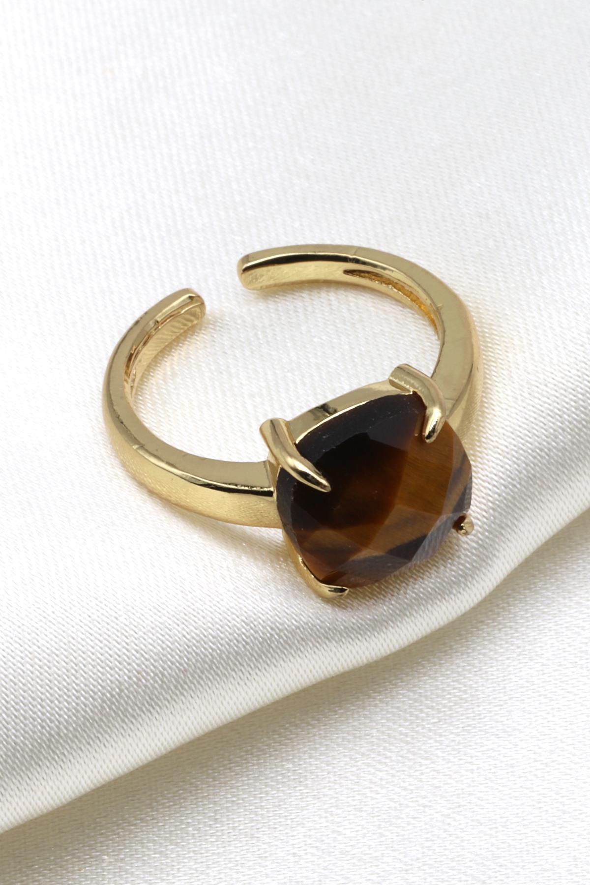 Kaplan Gözü Doğal Taş Ayarlanabilir Gold Renk Yüzük