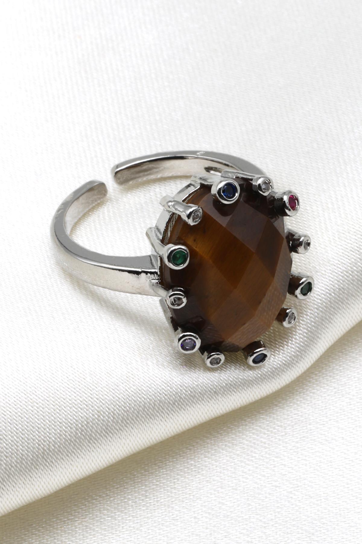 Kaplan Gözü Doğal Taş Ayarlanabilir Yüzük