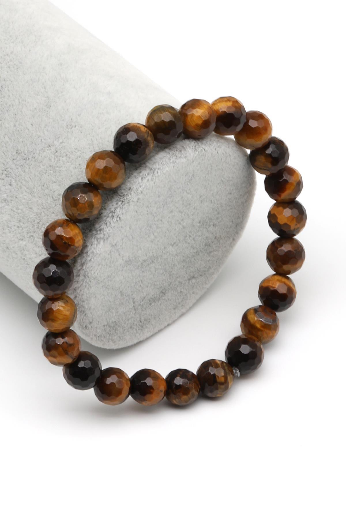 Kaplan Gözü Doğal Taş Bileklik 8 mm Fasetli Küre Kesim