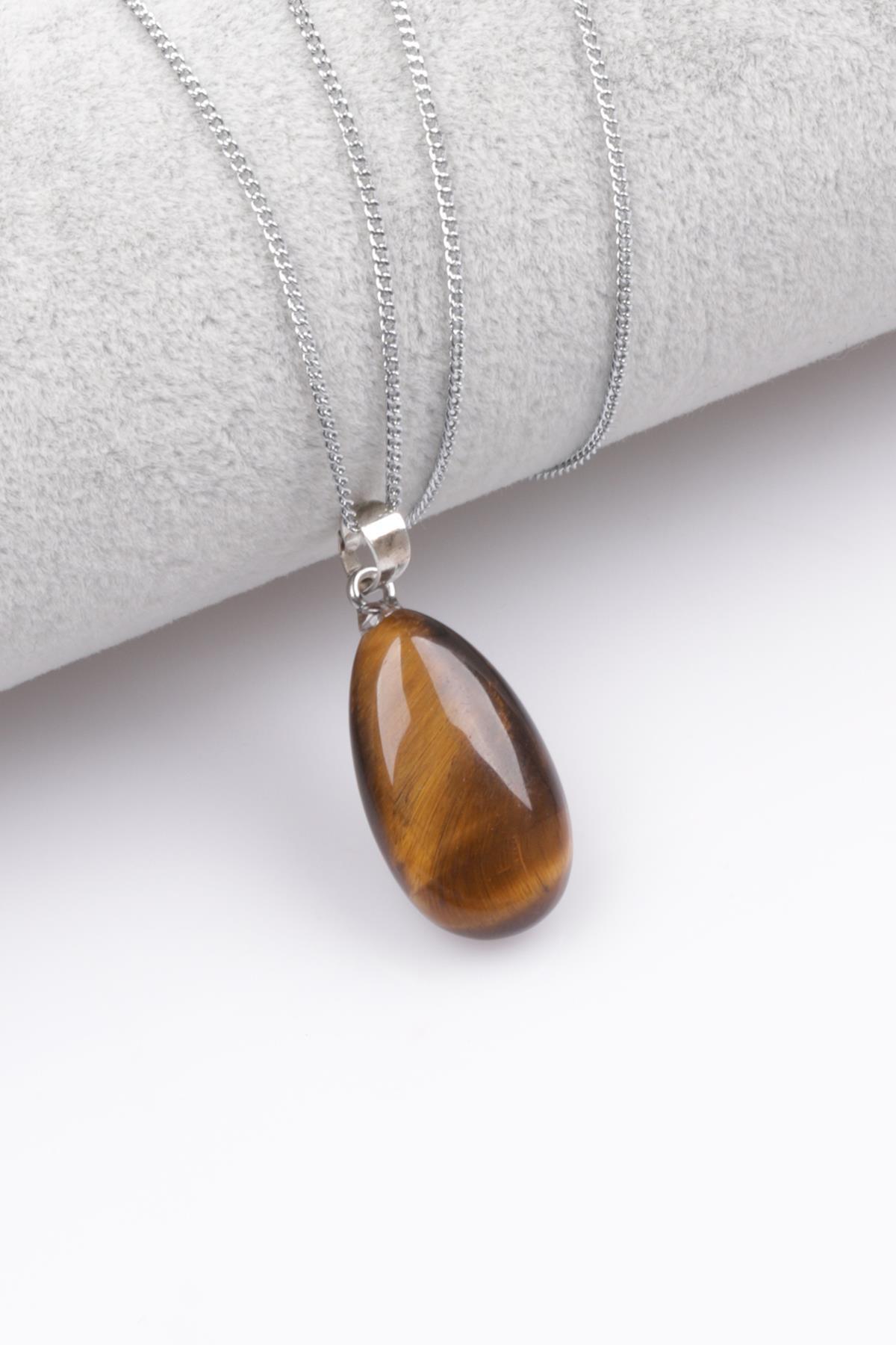 Kaplan Gözü Doğal Taş Damla Kesim Kolye