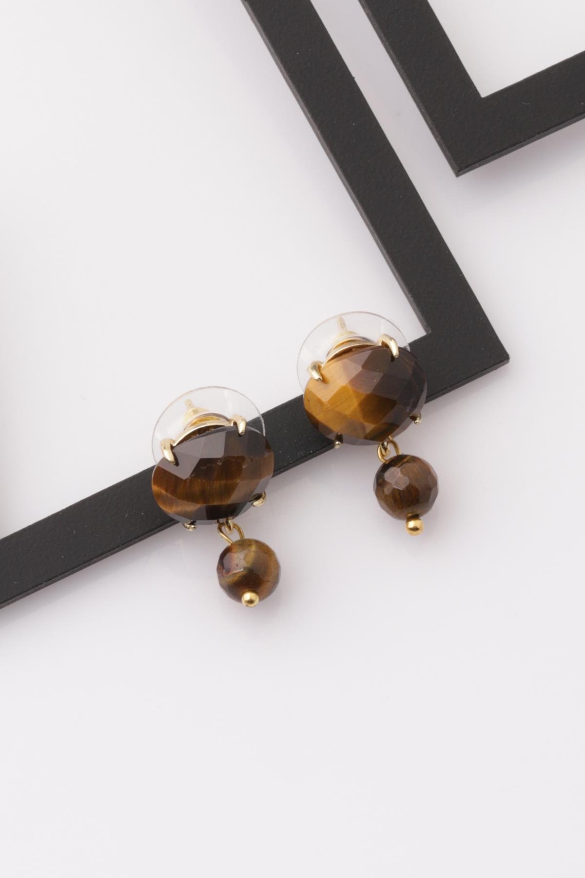 Kaplan Gözü Doğal Taş Gold Renkli Küpe