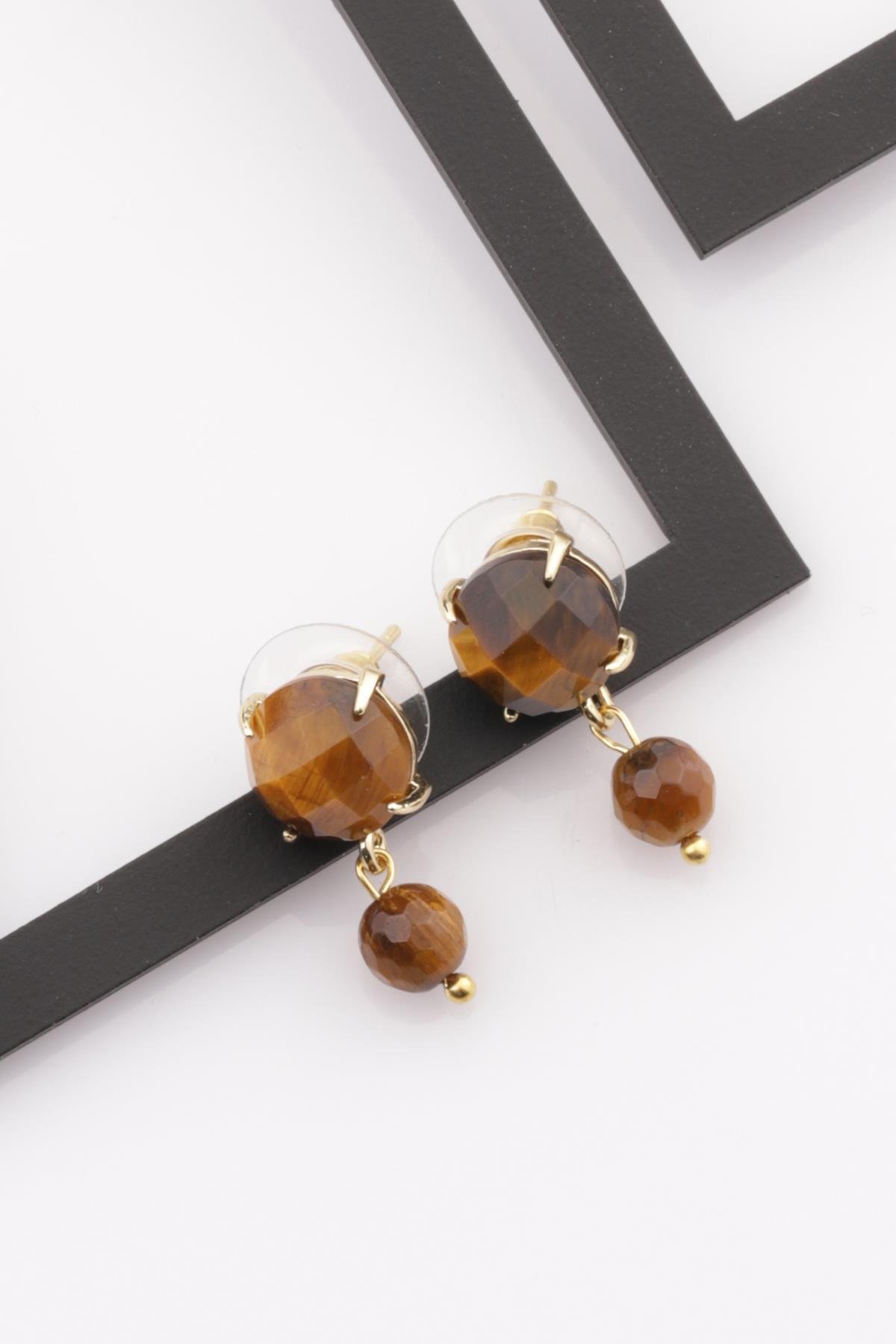 Kaplan Gözü Doğal Taş Gold Renkli Küpe