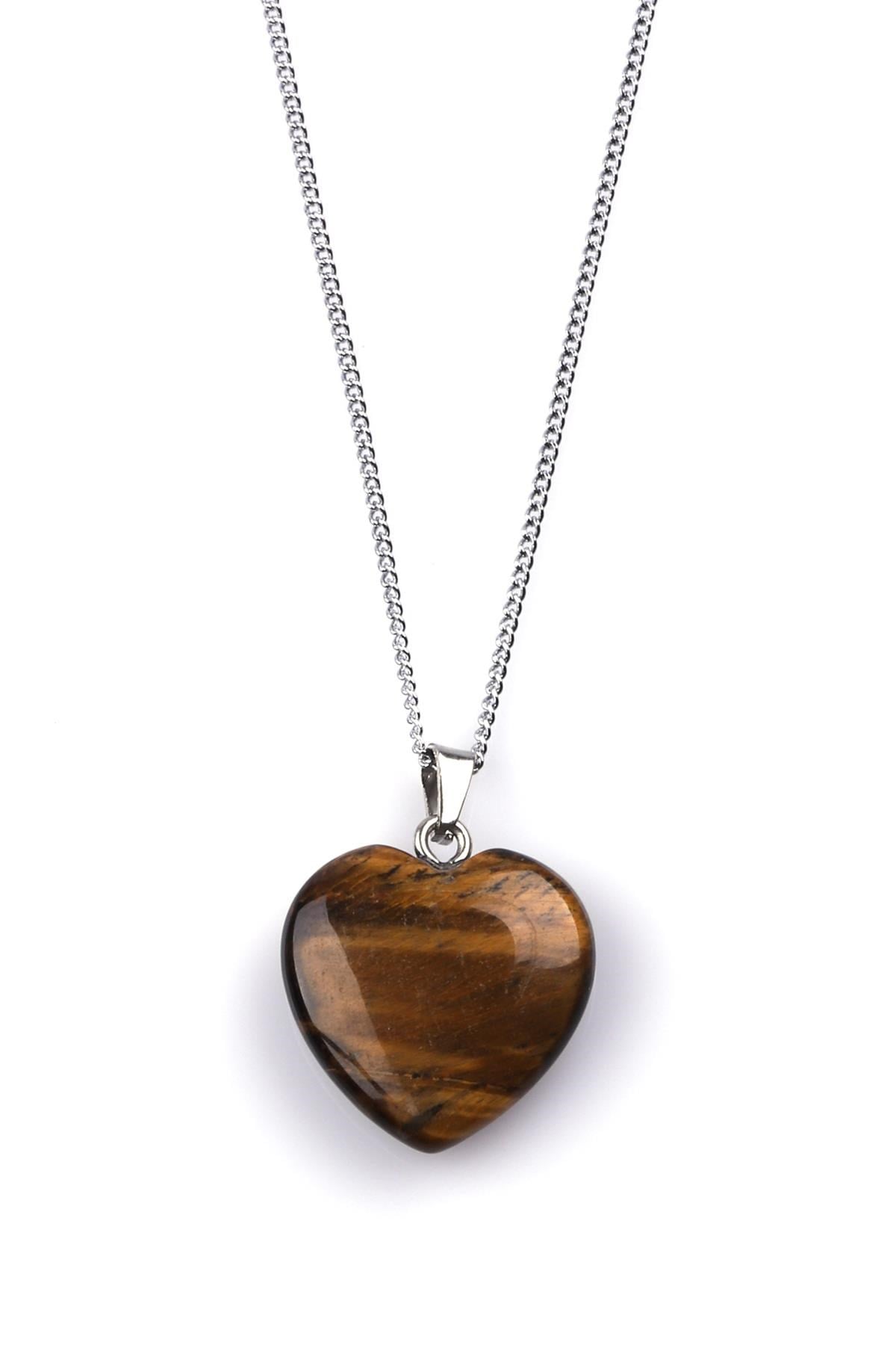 Kaplan Gözü Doğal Taş Kalp Model Kolye 