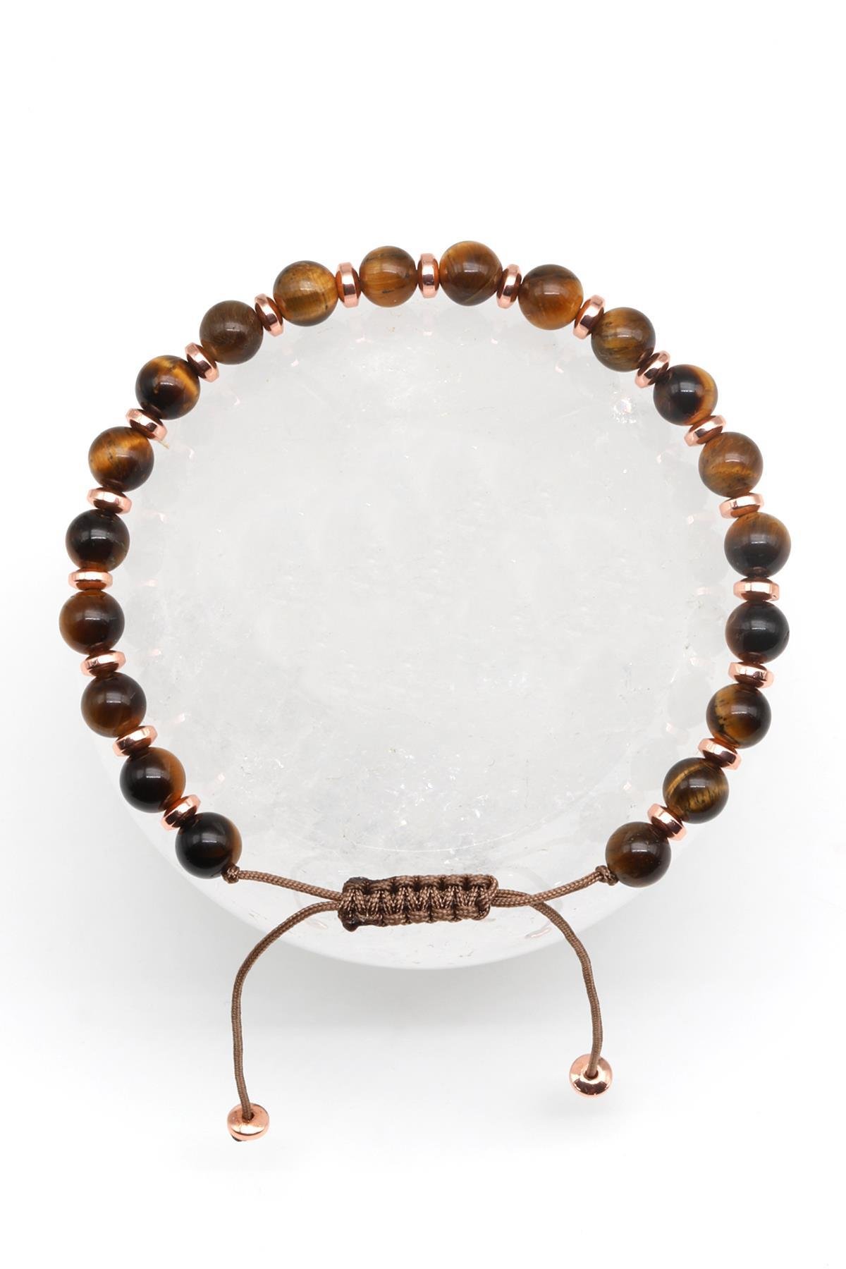 Kaplan Gözü Doğal Taş Makrome Örme Bileklik Küre Kesim