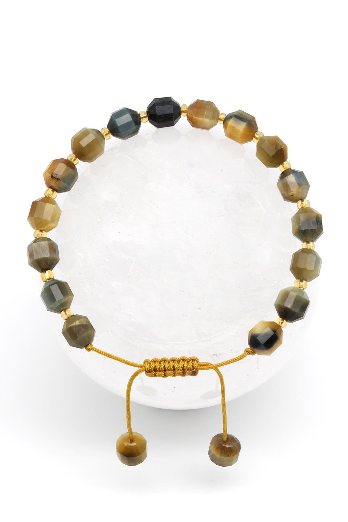 Kaplan Gözü Doğal Taş Makrome Örme Bileklik Hexagonel Kesim