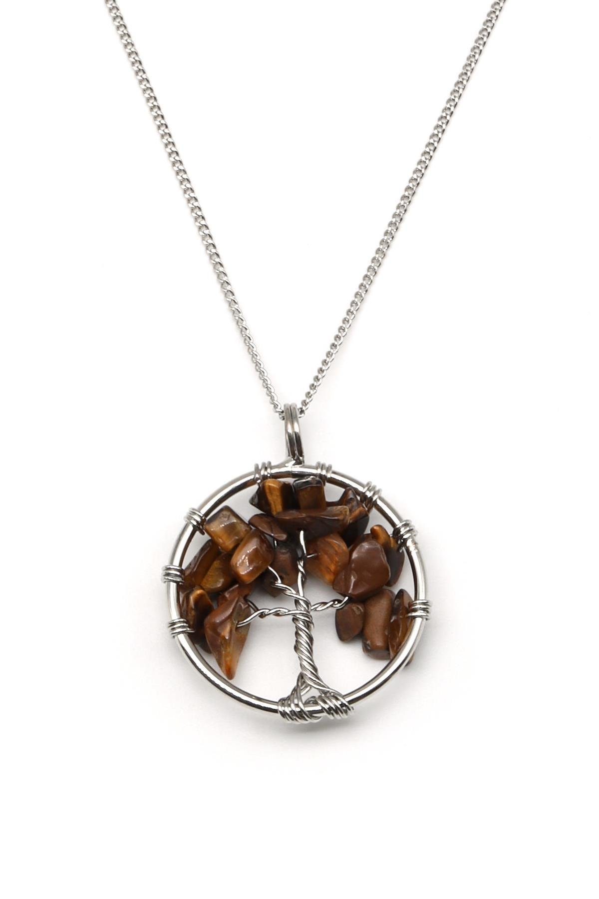 Kaplan Gözü Doğal Taş Tel Sarmalı Hayat Ağacı Kolye