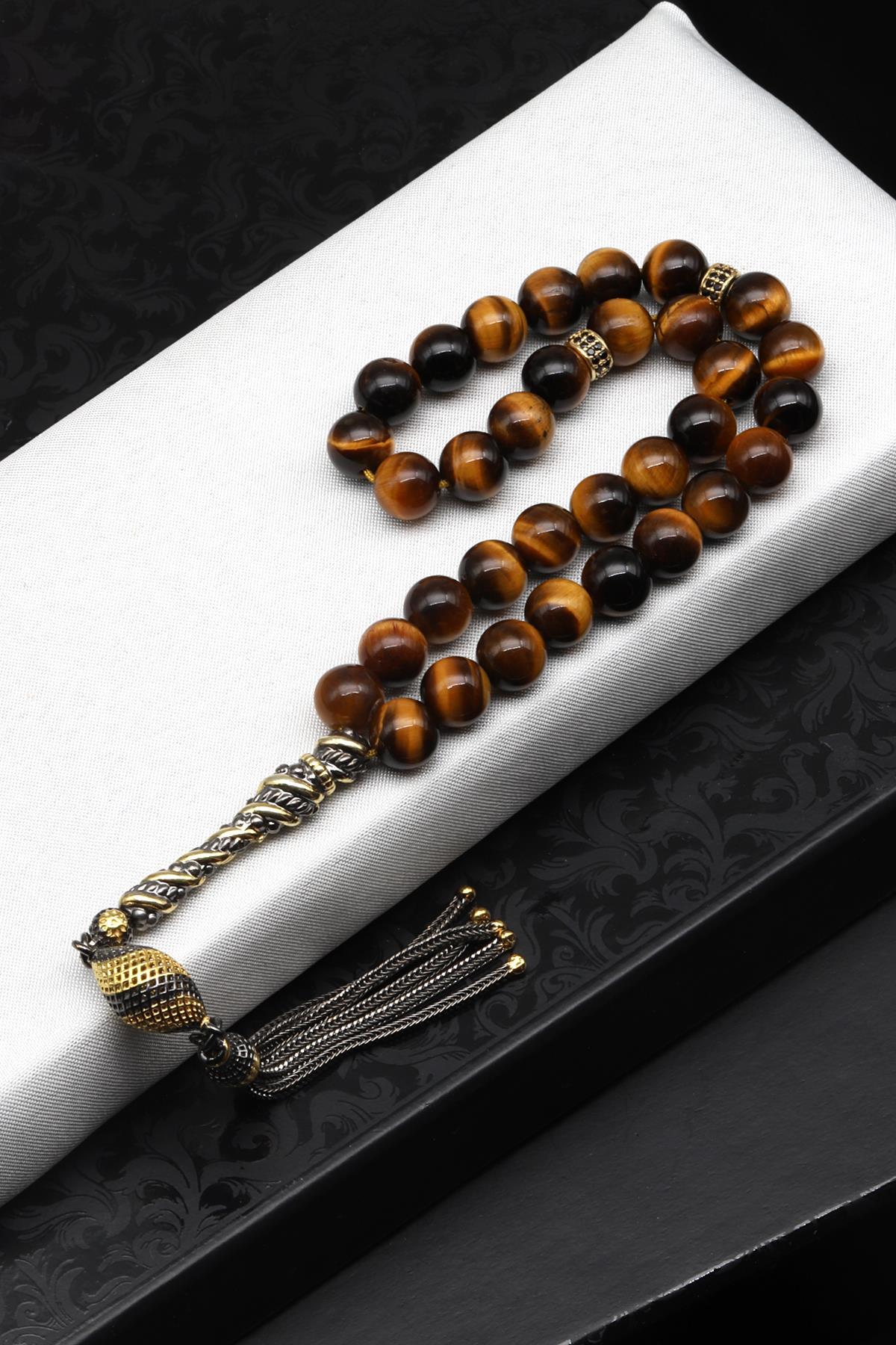 Kaplan Gözü Doğal Taş Tesbih 925 Ayar Gümüş 8 mm Küre Kesim