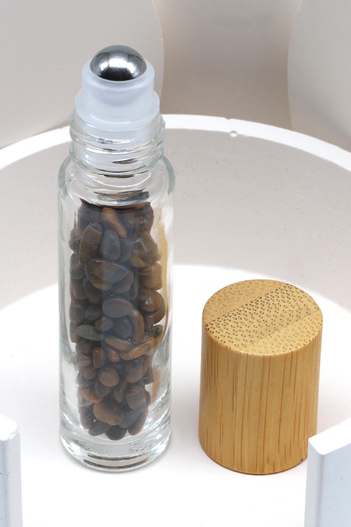 Kaplan Gözü Doğal Taşlı Bambu Kapaklı Doldurulabilir Esans ve Yağ Şişesi - Hematit Uçlu