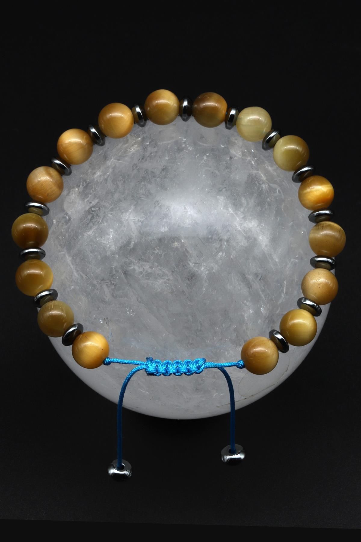 Kaplan Gözü - Hematit Doğal Taş Makrome Örme Bileklik