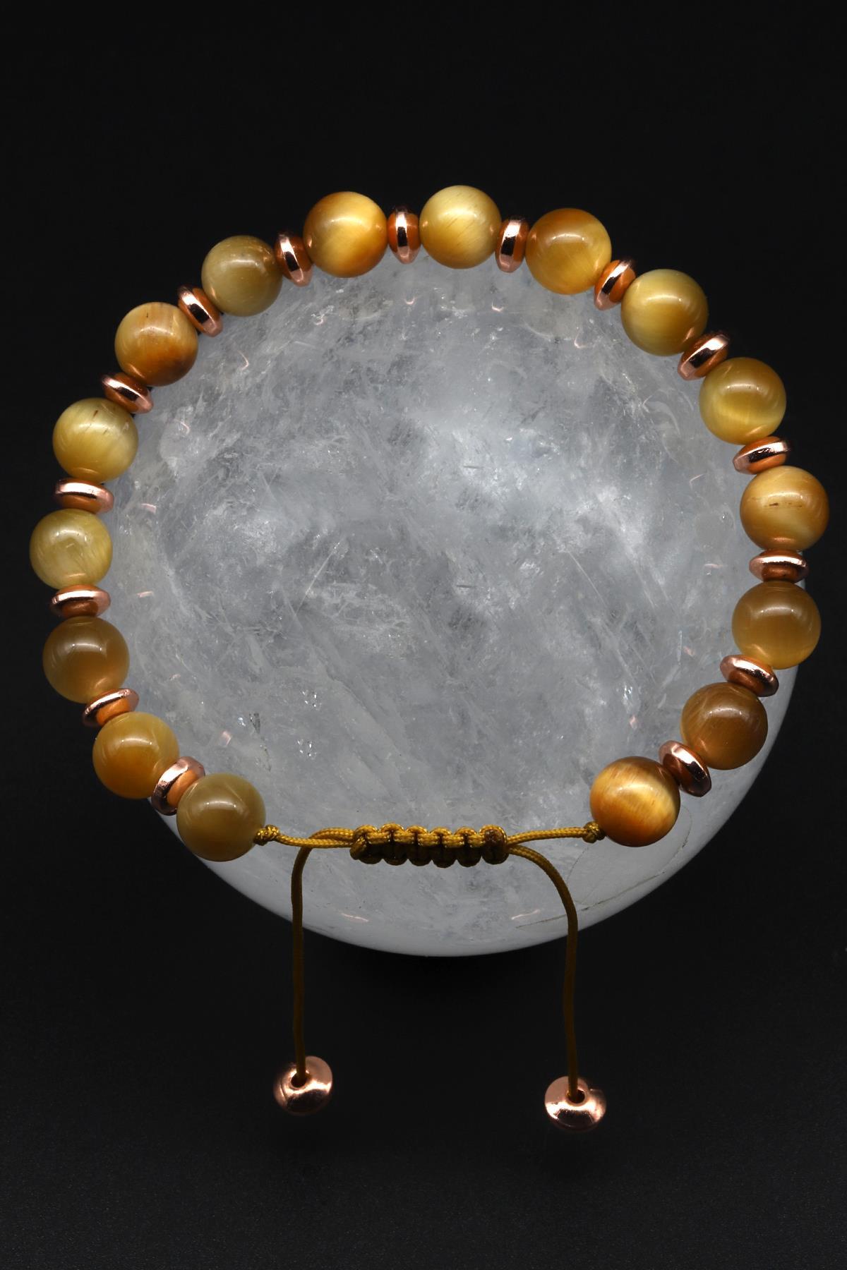 Kaplan Gözü - Hematit Doğal Taş Makrome Örme Bileklik