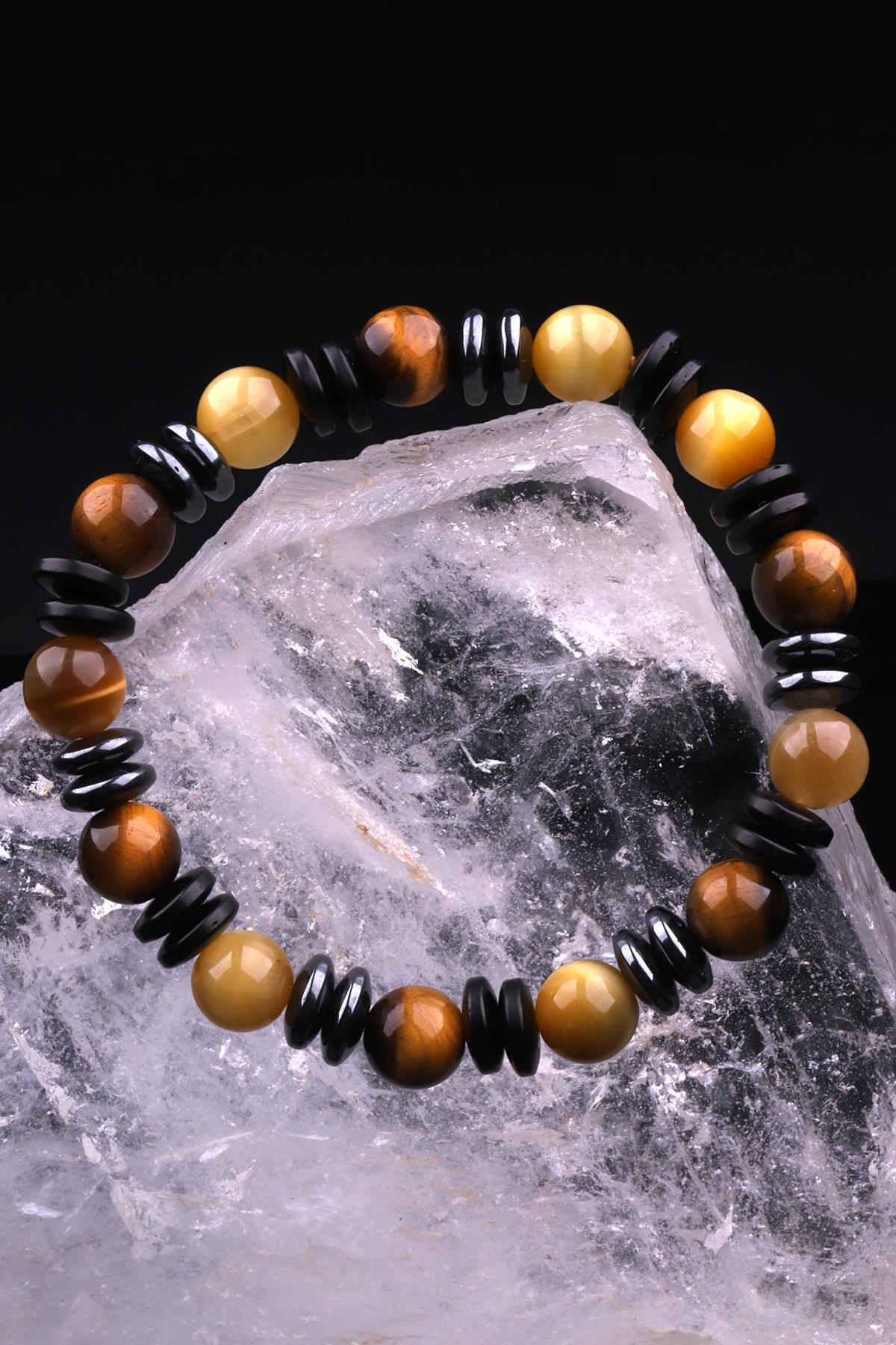 Kaplan Gözü - Hematit - Kokonat Doğal Taş Tasarım Bileklik 